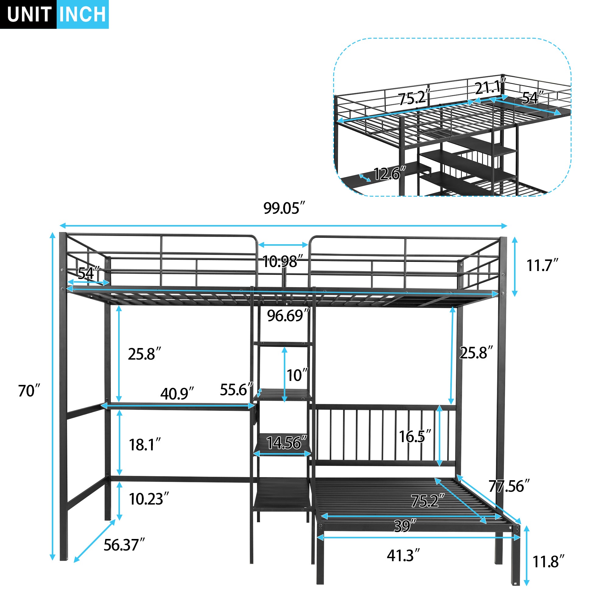Full Over Twin Metal Bunk Bed with Built-in Desk, Shelves and Ladder, Black - Atlantic Fine Furniture Melbourne FL
