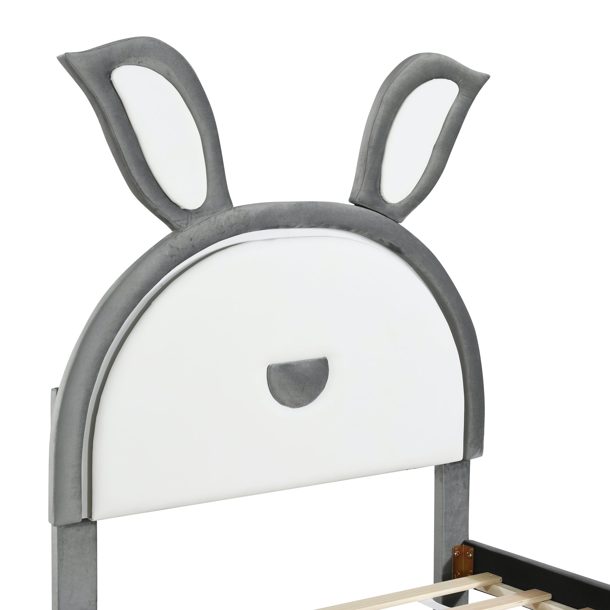 Twin Size Upholstered Platform Bed with Trundle and 3 Drawers, Rabbit-Shaped Headboard with Embedded LED Lights, Gray - Atlantic Fine Furniture Melbourne FL