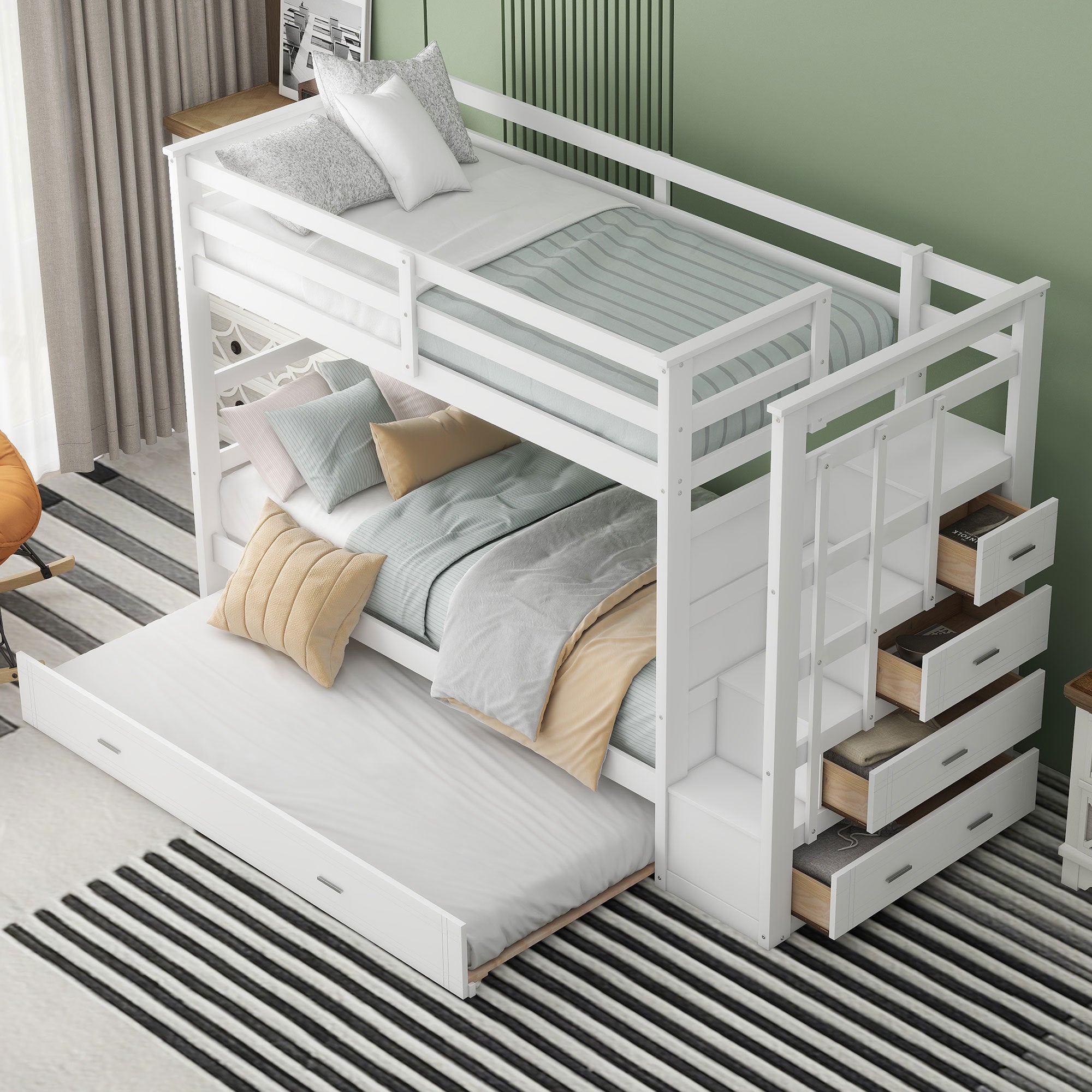 Twin Over Twin Bunk Bed with Trundle and Staircase,White(OLD SKU:LT000068AAK) - Atlantic Fine Furniture Melbourne FL