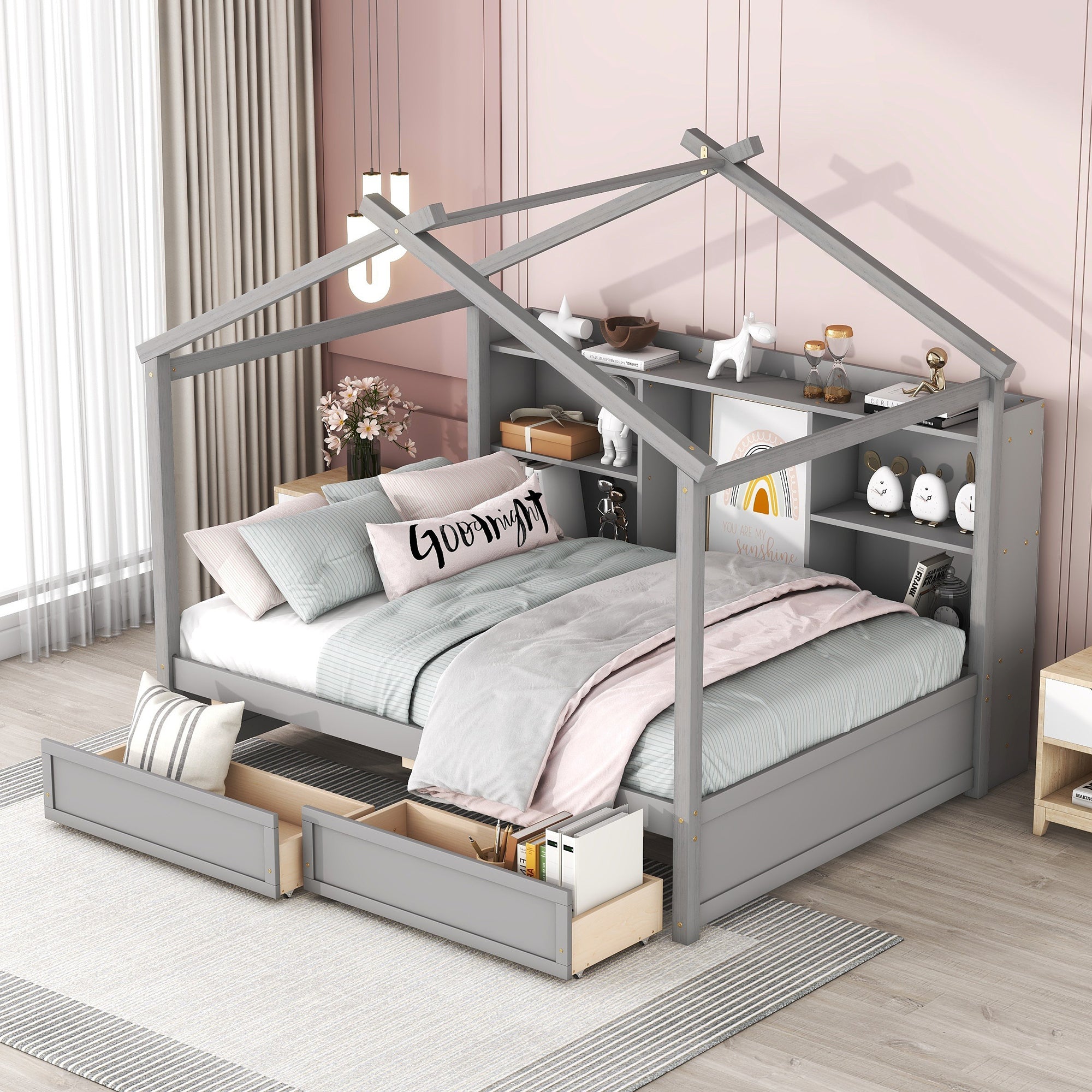 Full Size House Bed with Storage Shelves and 2 Drawers, Brushed Gray - Atlantic Fine Furniture Melbourne FL