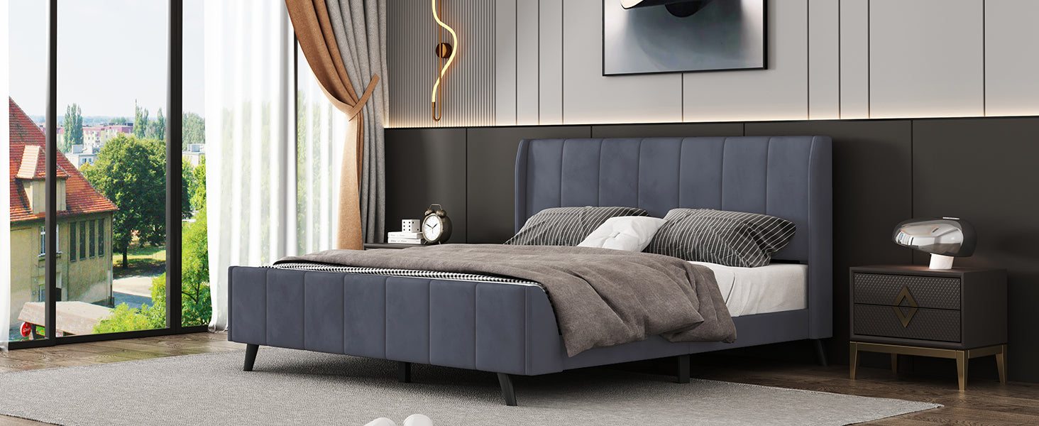 Queen Size Upholstered Platform Bed, Velvet, Gray - Atlantic Fine Furniture Melbourne FL