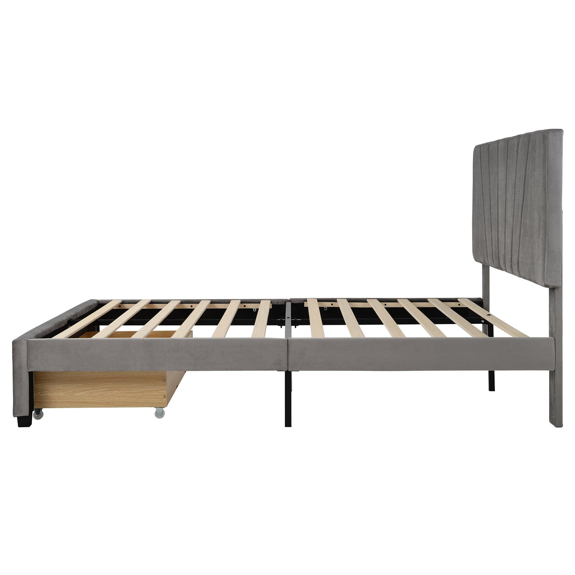 Queen Size Storage Bed Velvet Upholstered Platform Bed with a Big Drawer - Gray - Atlantic Fine Furniture Melbourne FL