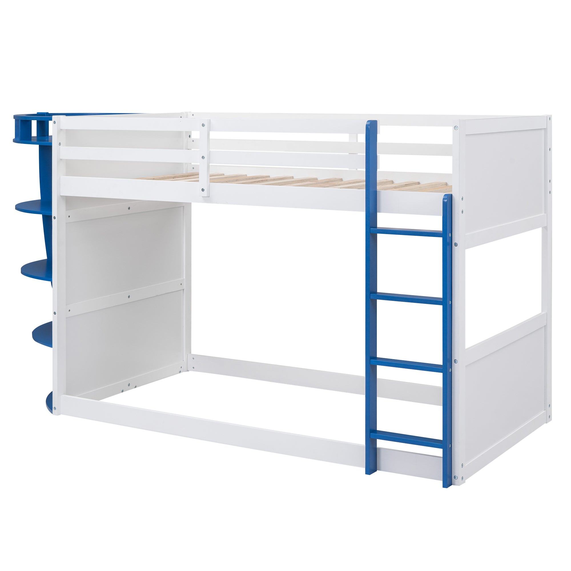 Twin over Twin Boat-Like Shape Bunk Bed with Storage Shelves, White+Blue - Atlantic Fine Furniture Melbourne FL