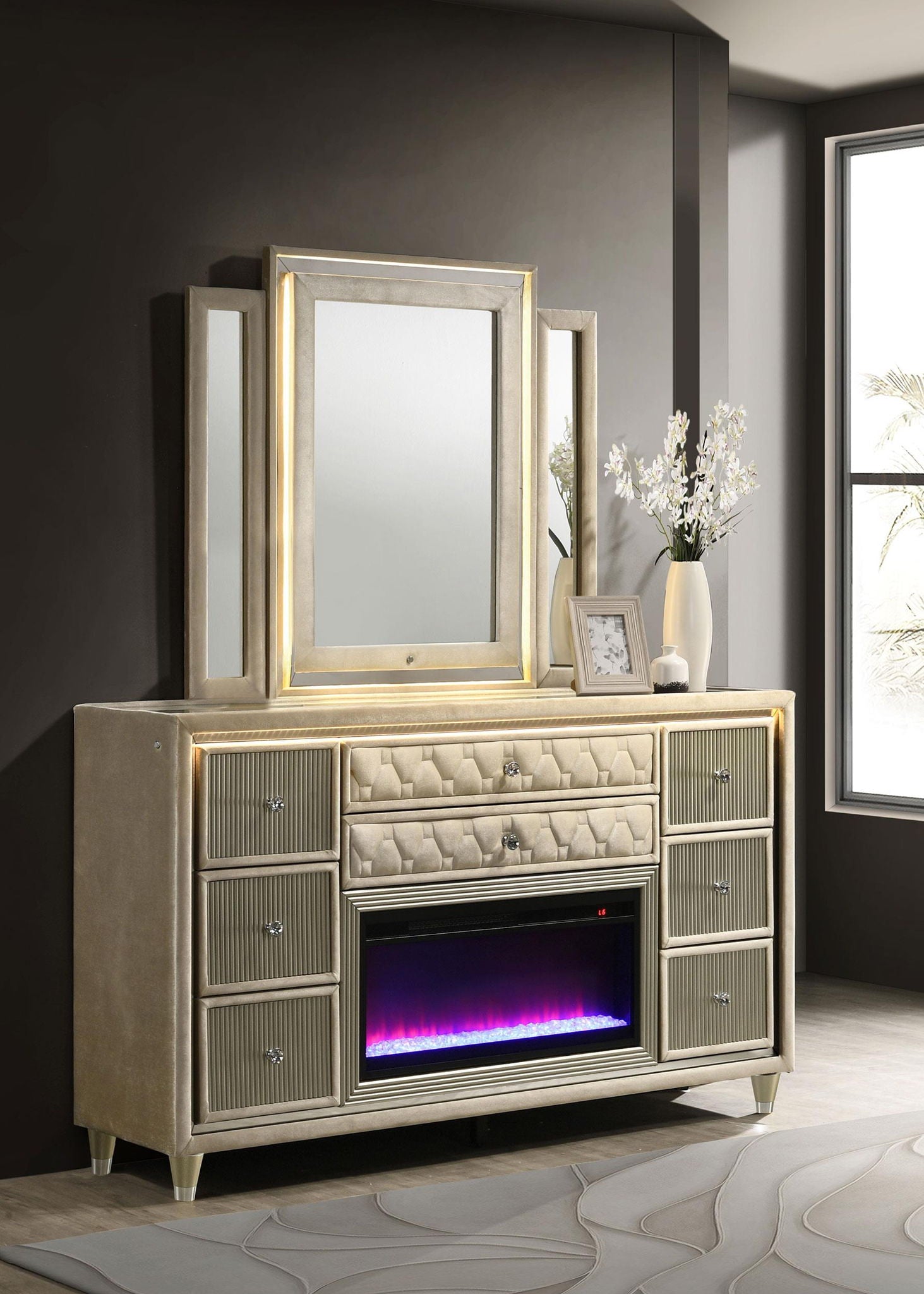 Lorient 8-drawer LED Flame Box Dresser and Mirror Ivory Camel