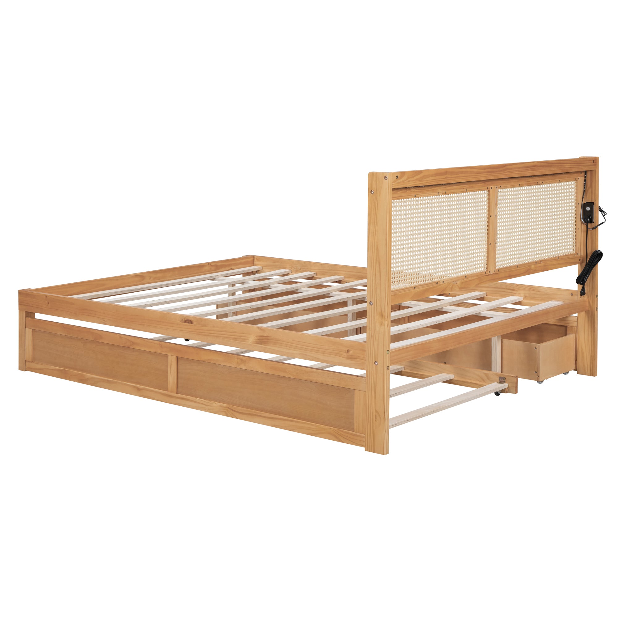 Queen Size Elegant Bed Frame with Rattan Headboard and Sockets ,Walnut - Atlantic Fine Furniture Melbourne FL