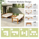 6 Piece Patio Sofa Set, Acacia Wood Outdoor Modular Sectional Garden Furniture Set L Shaped Conversation Set, Convertible Daybed With Tea Table, Ottoman, 5 Cushions And Pillows - Teak / Beige