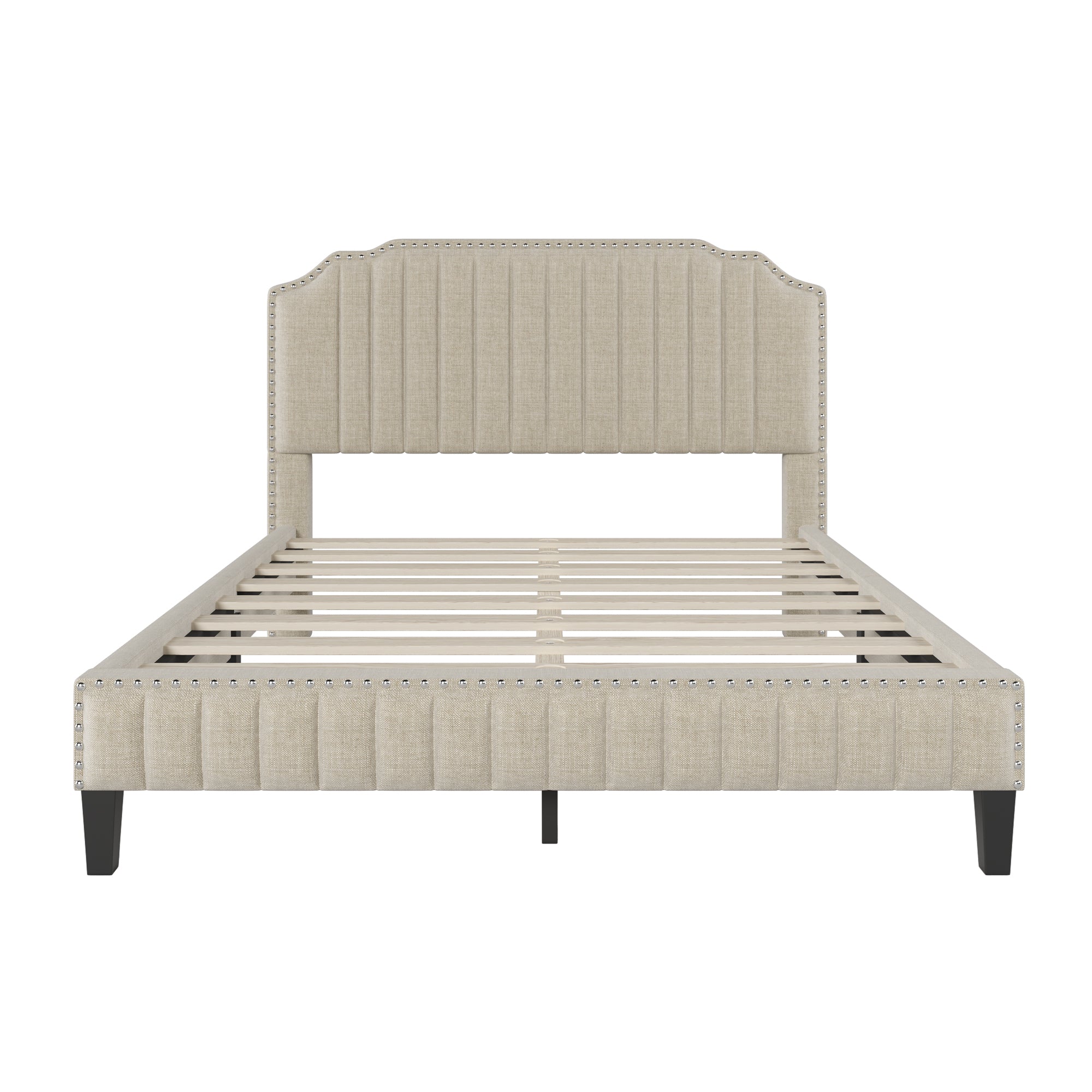 Modern Linen Curved Upholstered Platform Bed , Solid Wood Frame , Nailhead Trim, Beige (Queen) - Atlantic Fine Furniture Melbourne FL