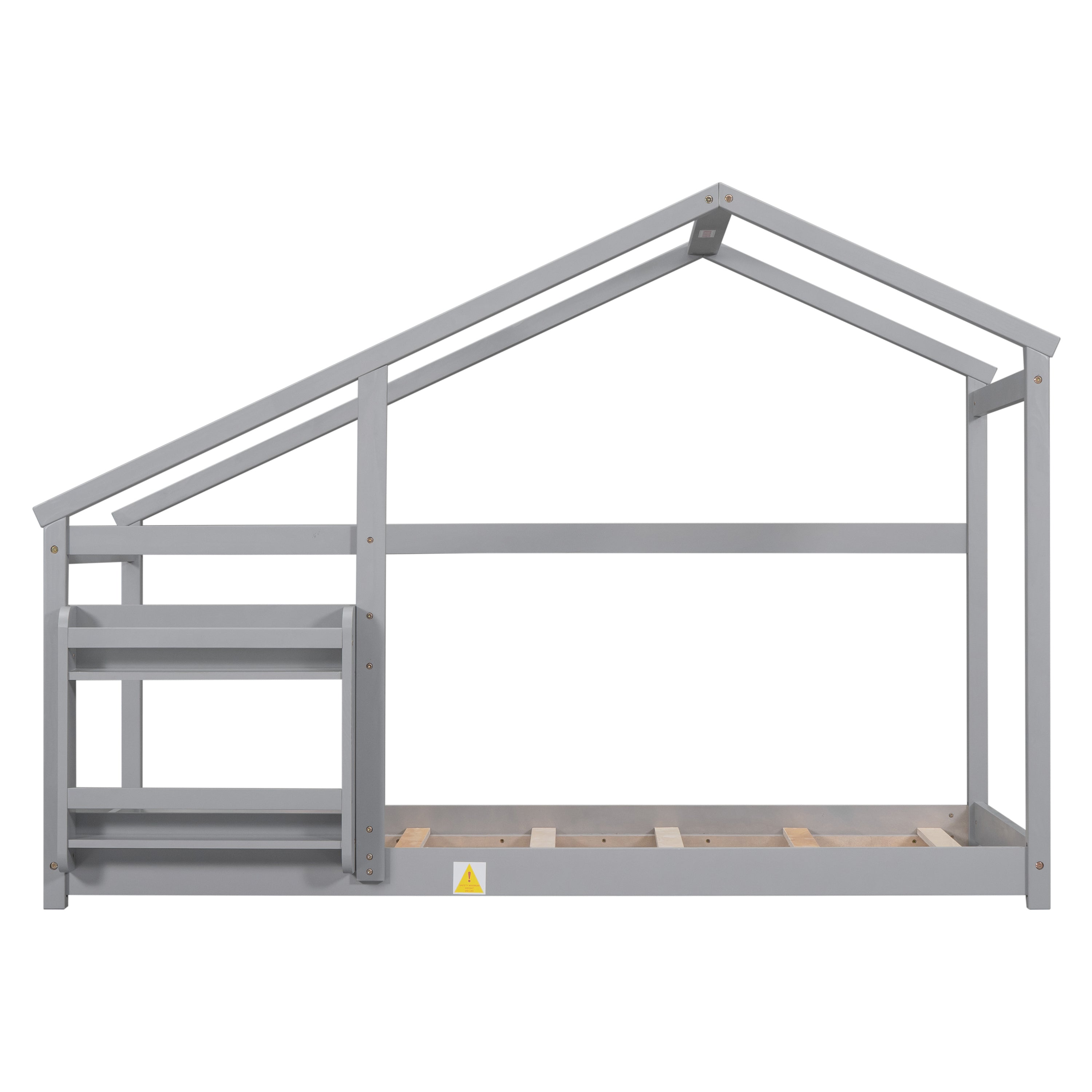 Twin Size Wooden House Bed, Twin Floor Wooden Bed with Shelf, No Box Spring Needed, Gray Color, Twin bed