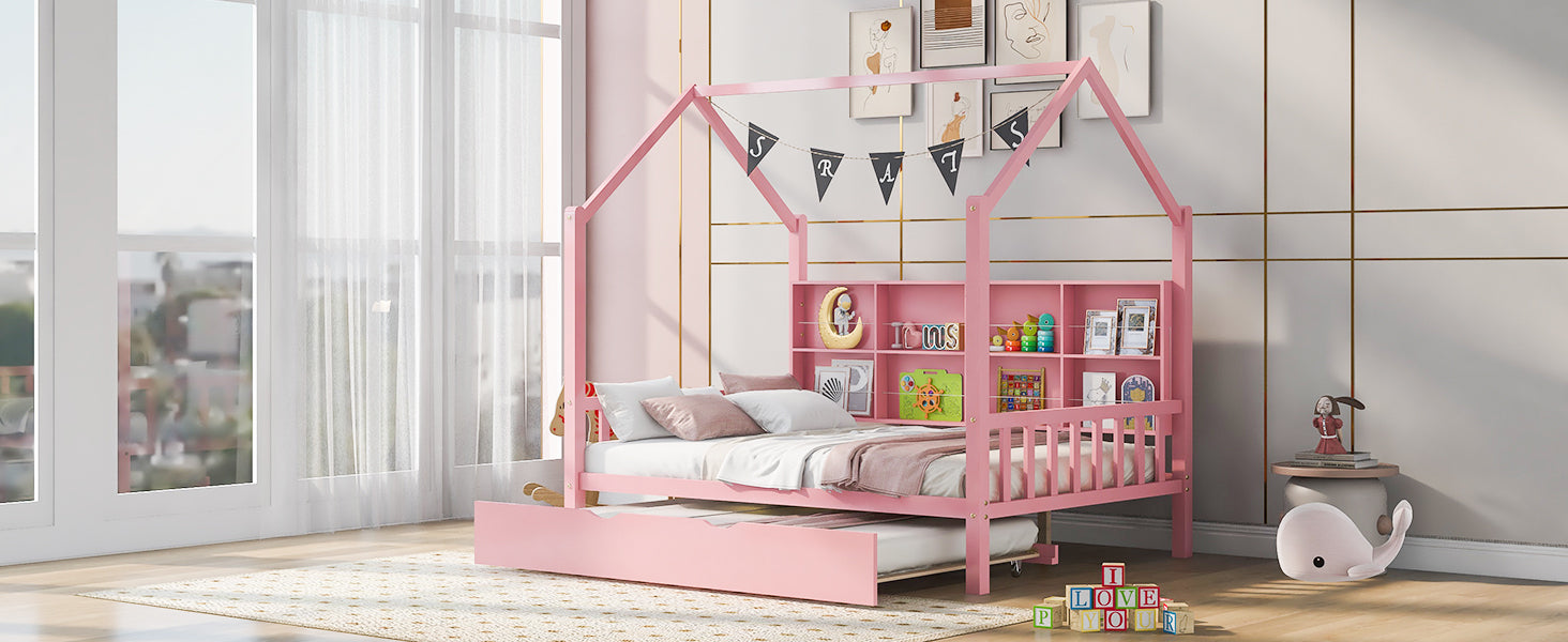 Wooden Full Size House Bed with Trundle,Kids Bed with Shelf,Pink - Atlantic Fine Furniture Melbourne FL