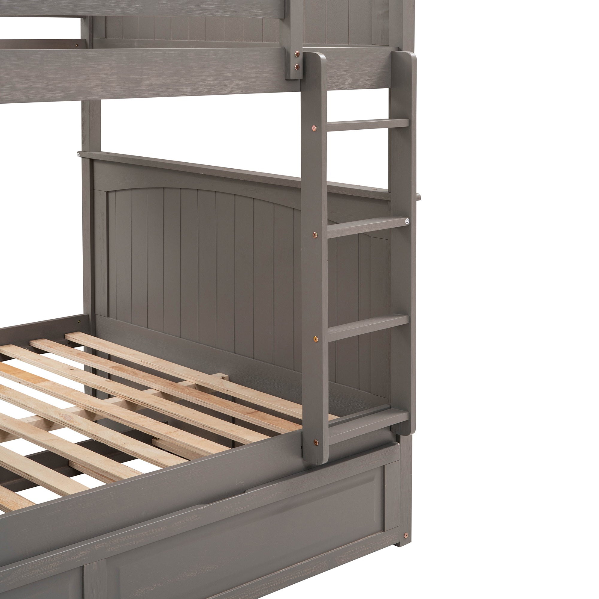 Full Over Full Bunk Bed with Twin Size Trundle, Pine Wood Bunk Bed with Guardrails, Brushed Gray(Old SKU:LP000044AAN)