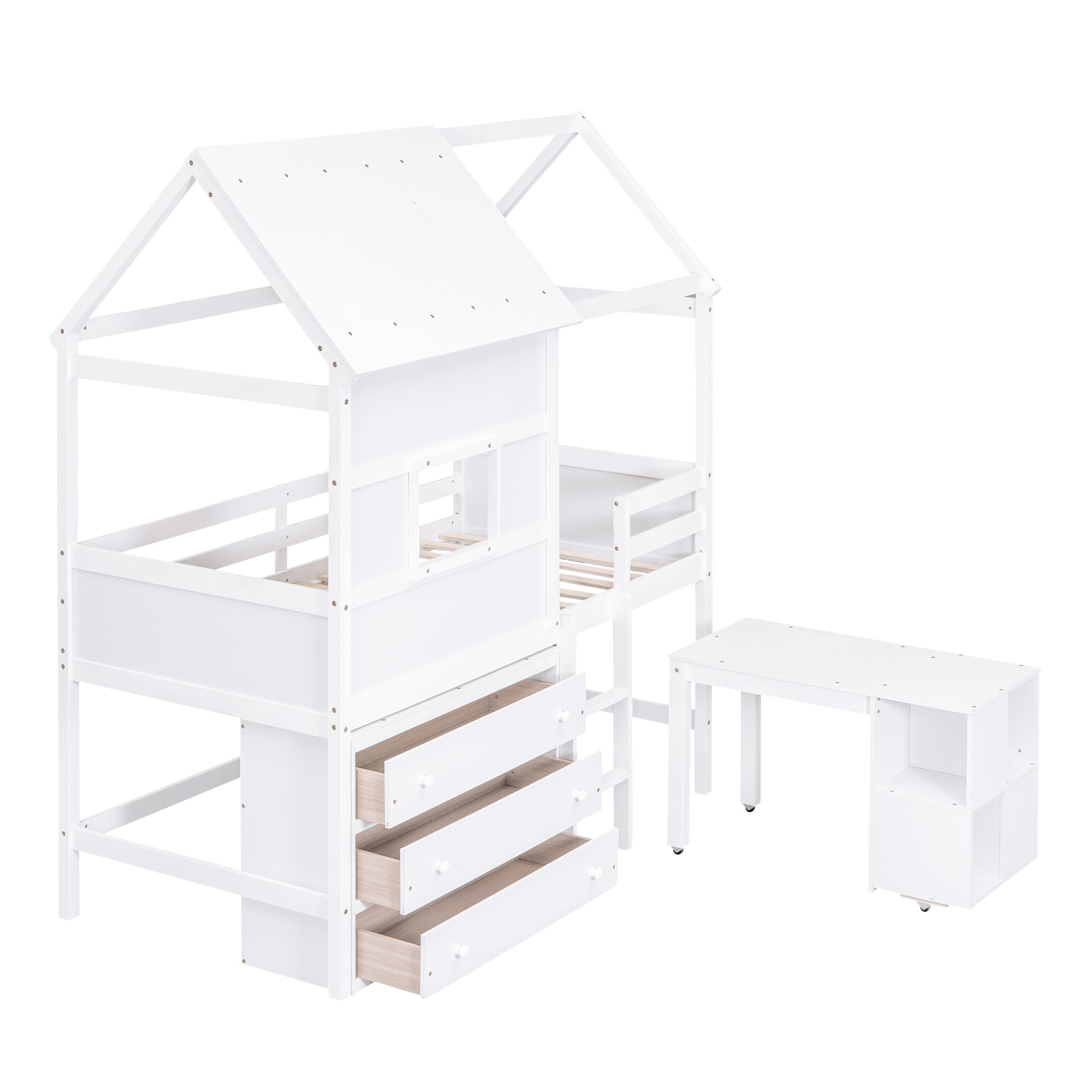 Twin Size House Loft Bed with Storage Desk and 3 Drawer Chest, White - Atlantic Fine Furniture Melbourne FL