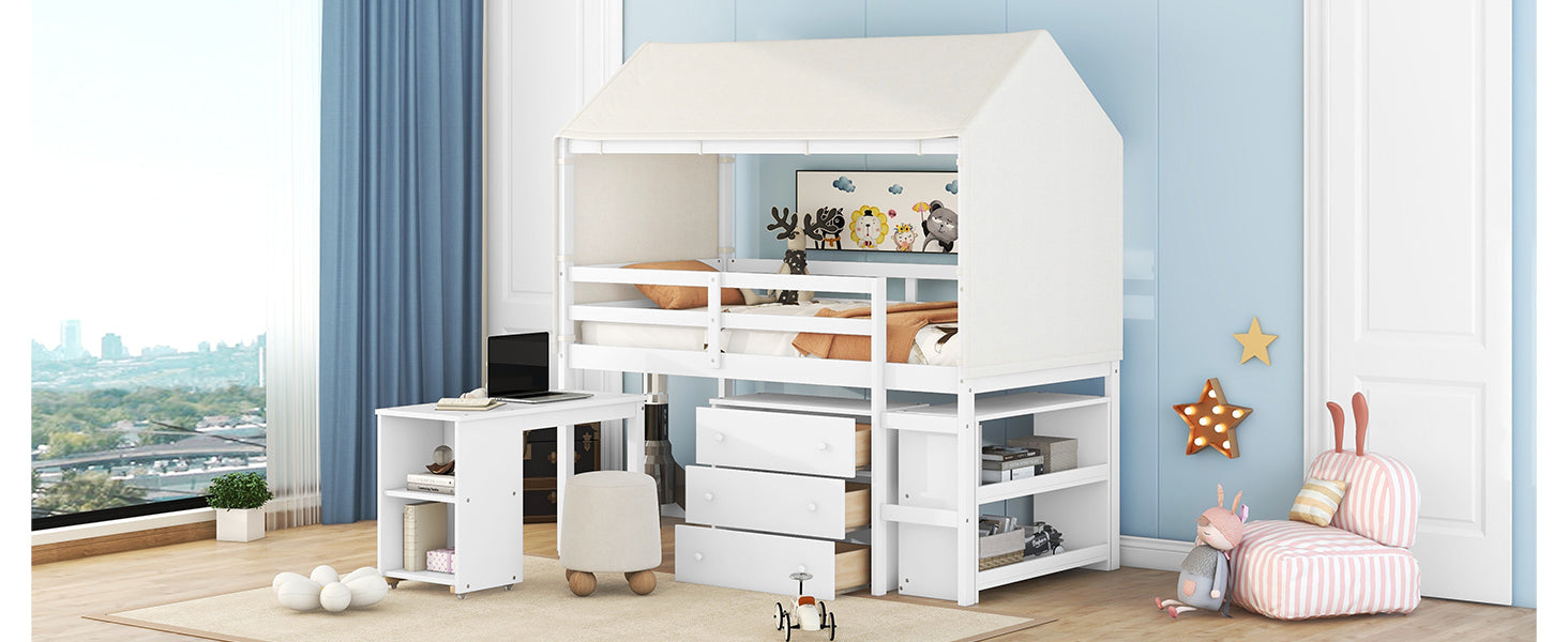 Twin Size Loft Bed with Rolling Cabinet, Shelf and Tent - White - Atlantic Fine Furniture Melbourne FL