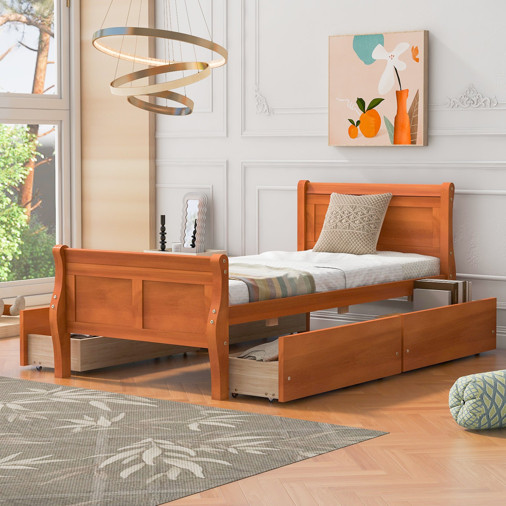 Twin Size Wood Platform Bed with 4 Drawers and Streamlined Headboard & Footboard, Oak - Atlantic Fine Furniture Melbourne FL