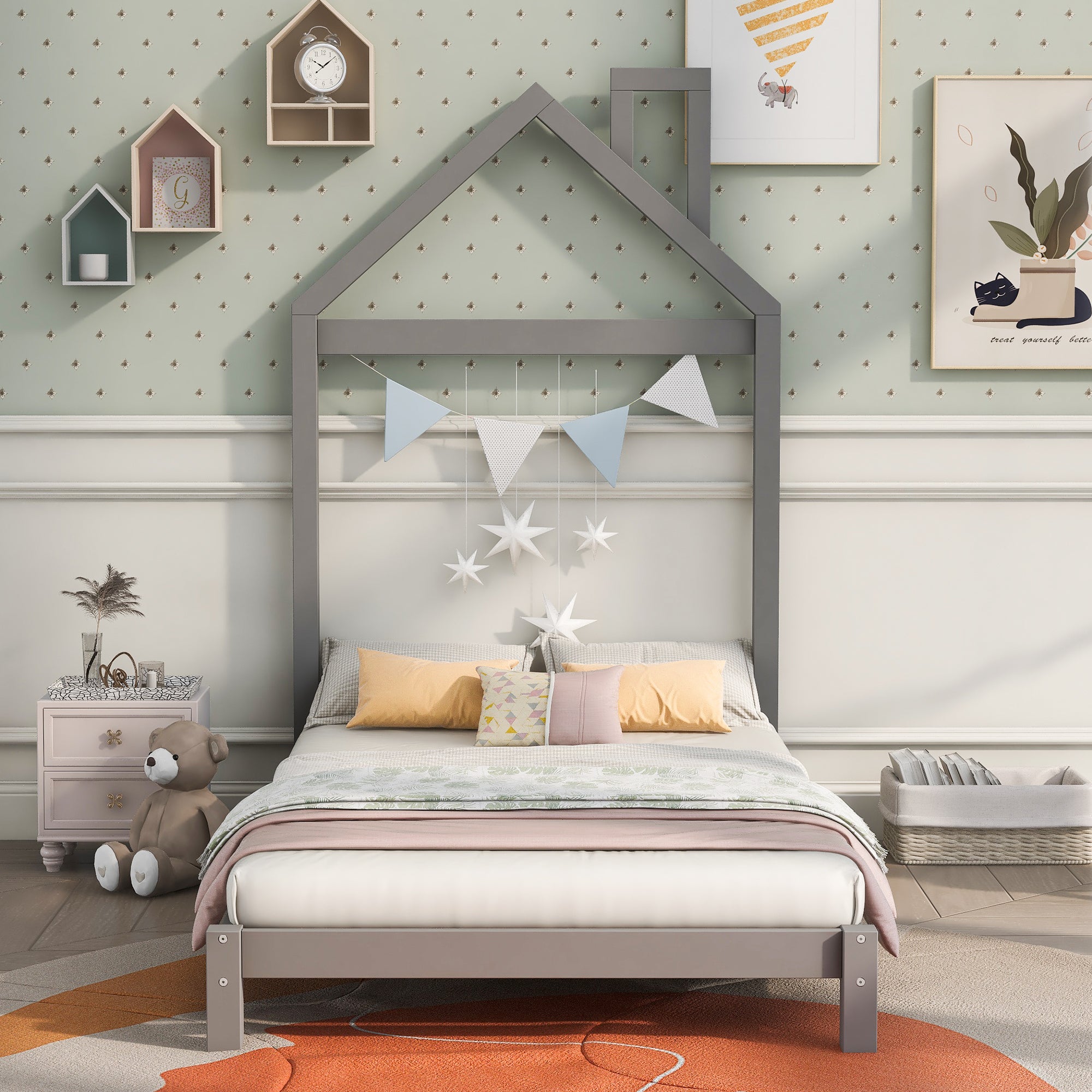 Twin Size Wood Platform Bed with House-shaped Headboard (Gray) - Atlantic Fine Furniture Melbourne FL