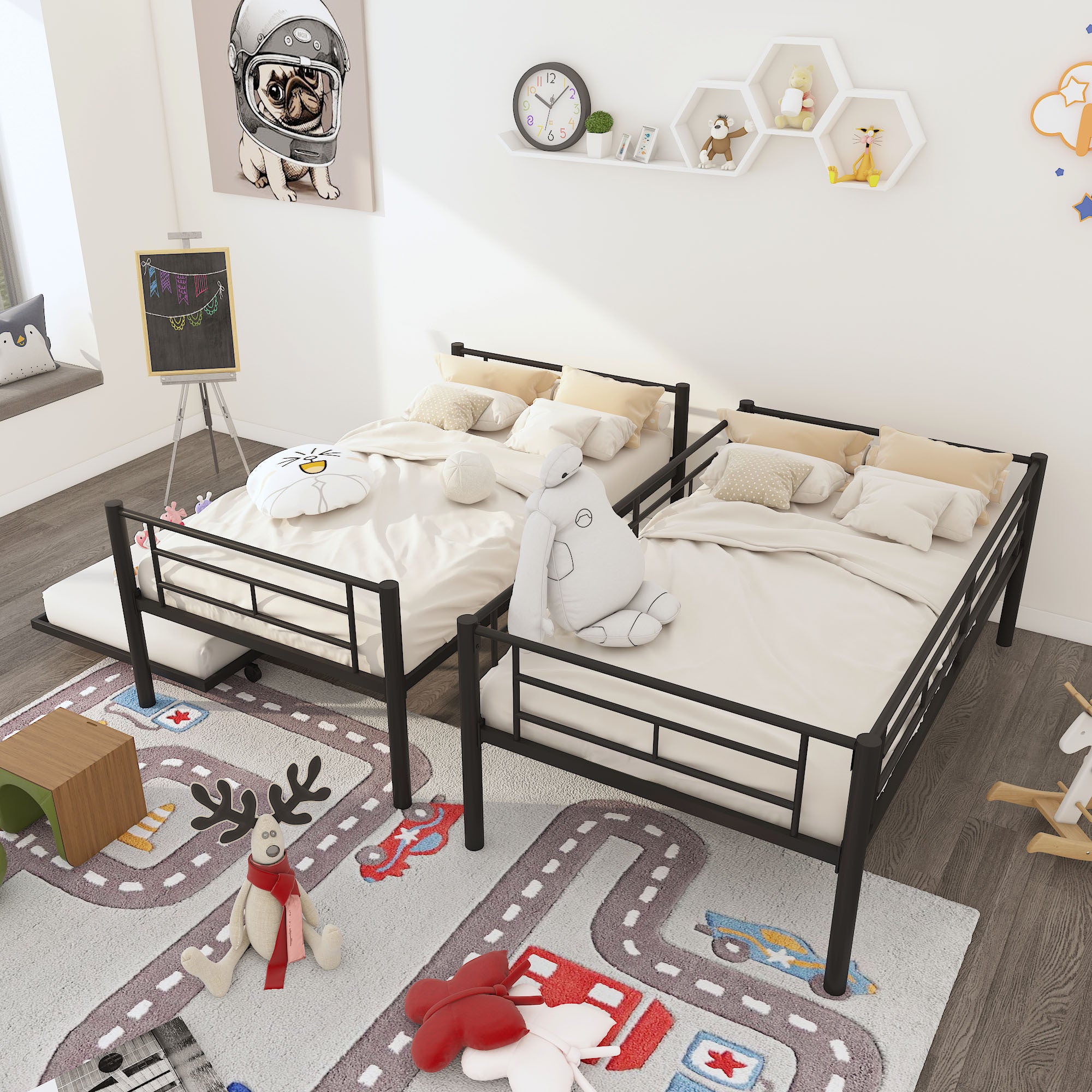 Twin Over Twin Metal Bunk Bed Frame with Trundle(Upgrade reinforcement version) - Atlantic Fine Furniture Melbourne FL