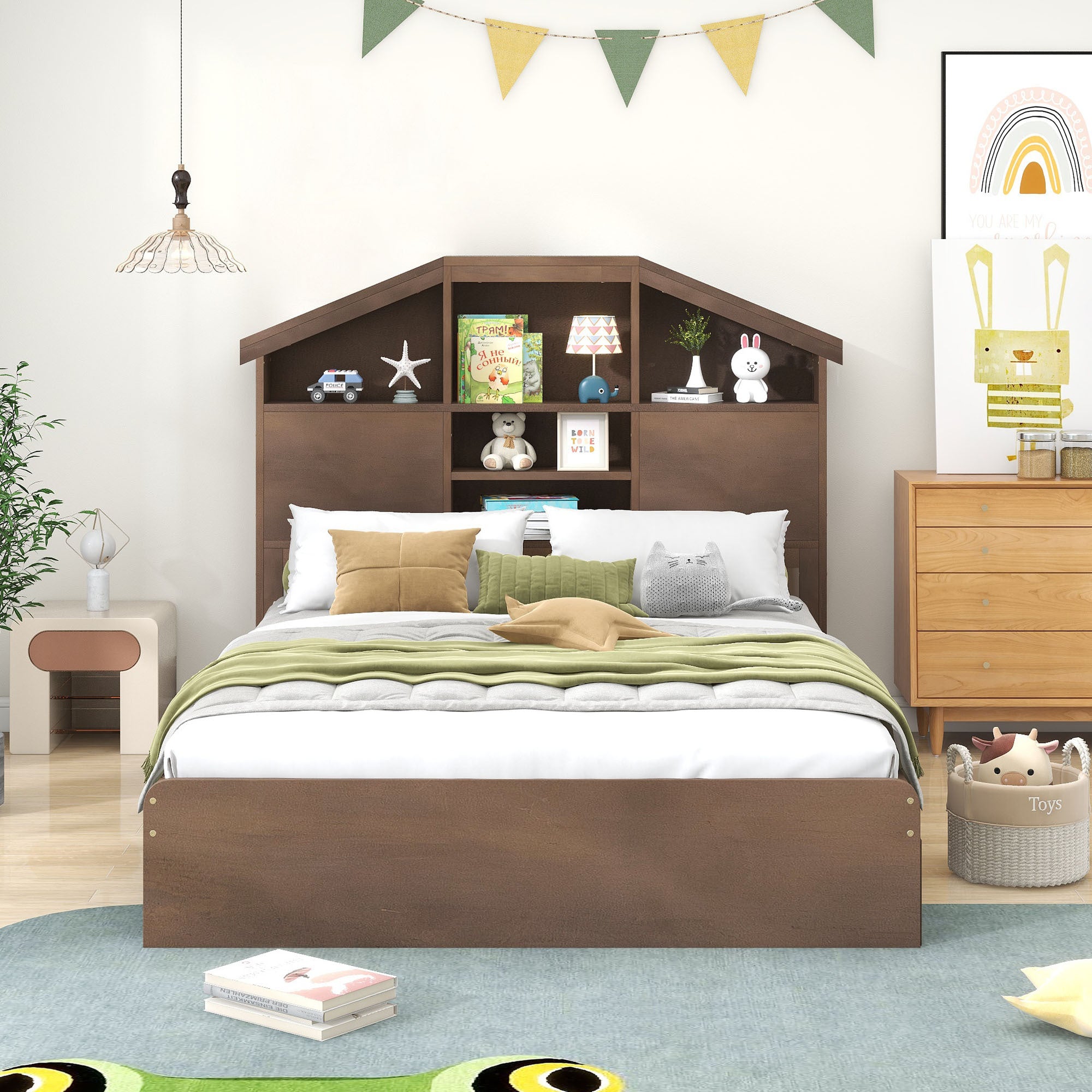 Full Size Wood Platform Bed with House-shaped Storage Headboard and 2 Drawers, Walnut - Atlantic Fine Furniture Melbourne FL