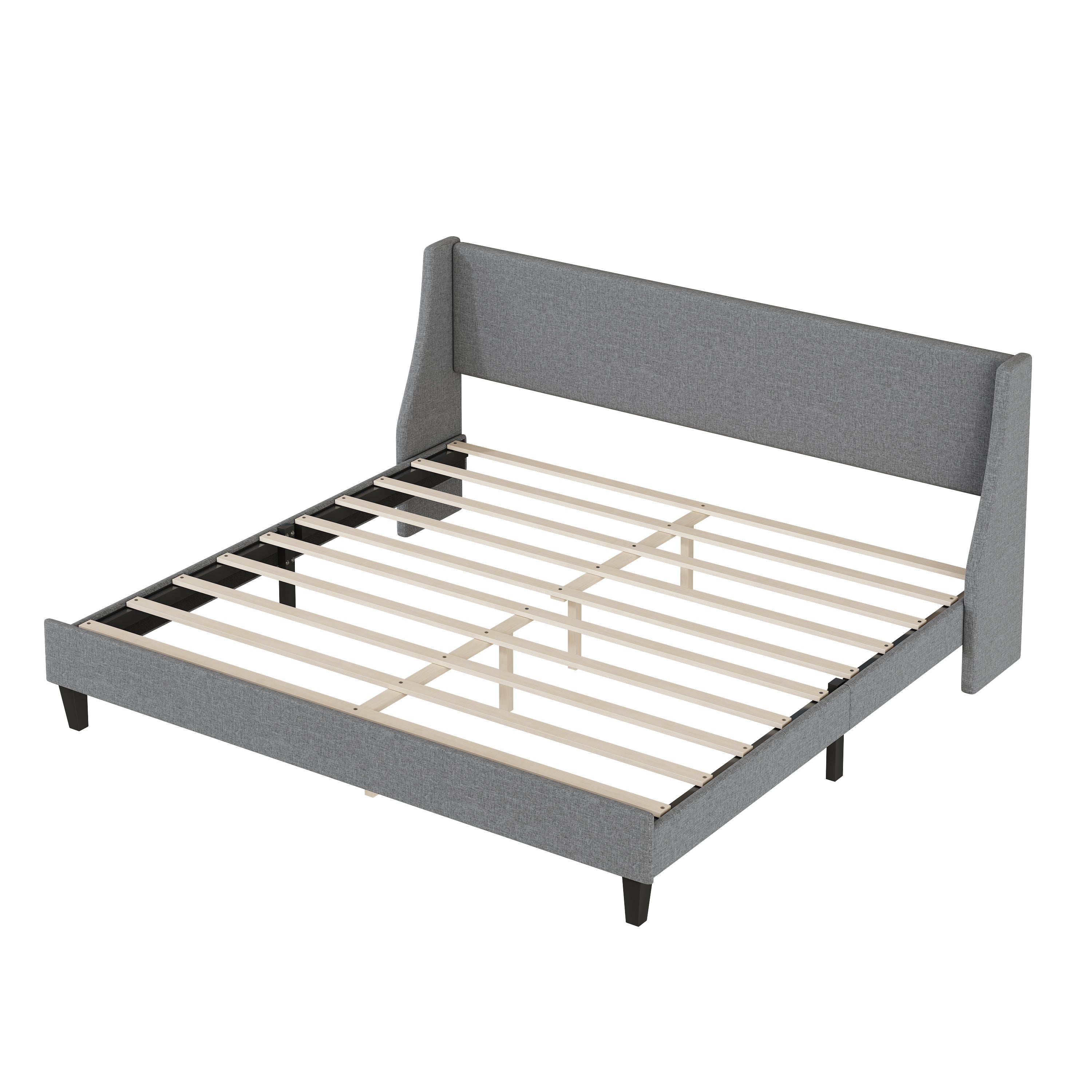 King Size Bed Frame Upholstered Bed Frame Platform ,Non-adjustable Headboard Linen Fabric Headboard Wooden Slats Support/No Box Spring Needed/Easy Assembly/Mattress Foundation, Light gray