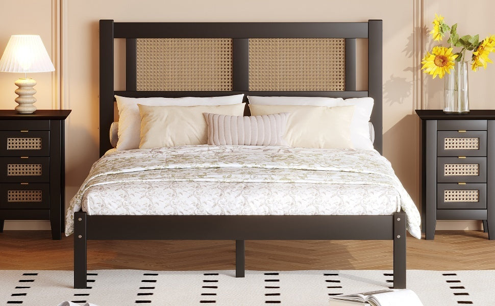 Full Size Wooden Platform Bed with Natural Rattan Headboard, Exquisite Elegance with Minimalist Charm for Bedroom, Black - Atlantic Fine Furniture Melbourne FL