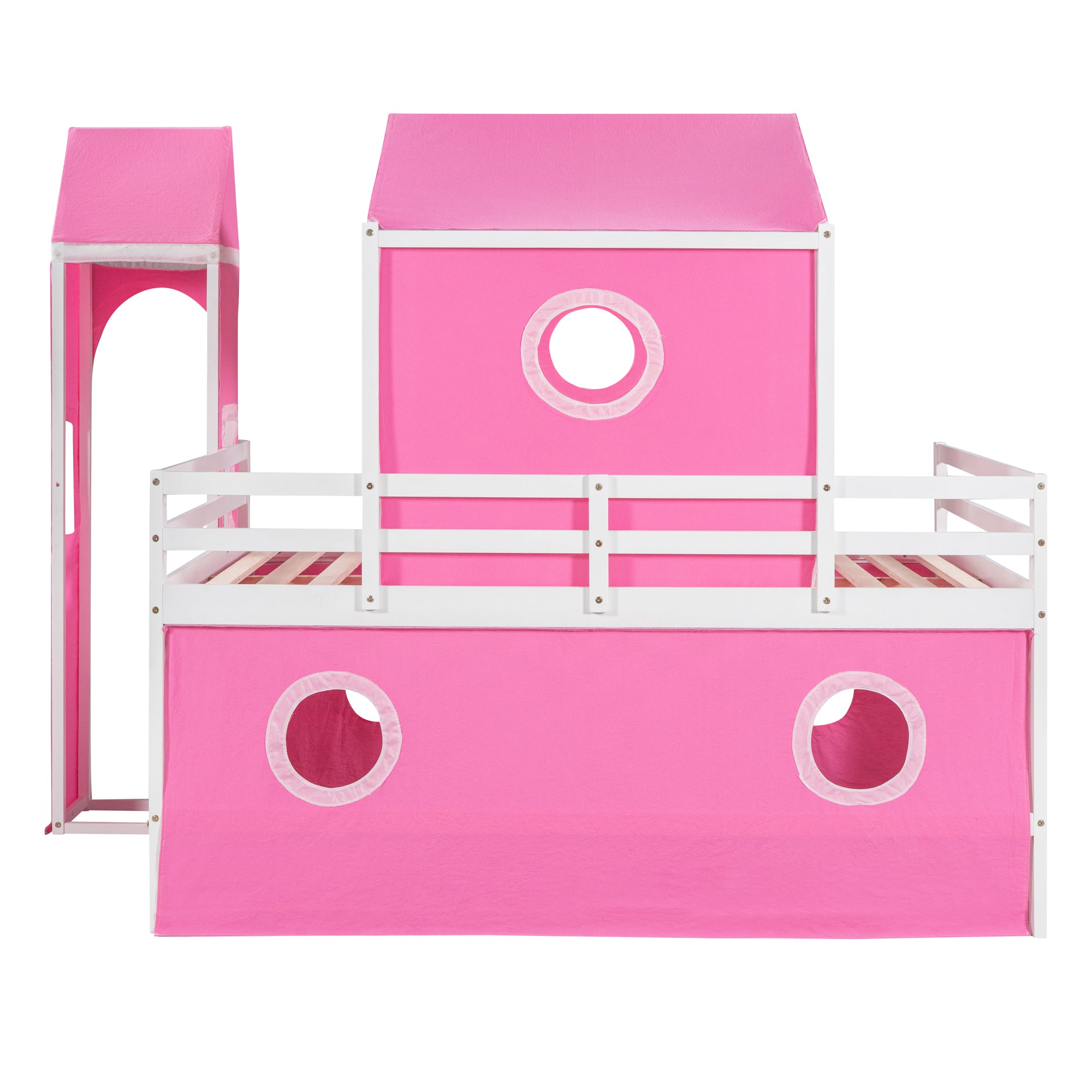 Full Size Bunk Bed with Slide Pink Tent and Tower - Pink
