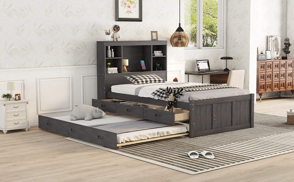 Twin Size Platform Bed with Storage Headboard, Charging Station, Twin Size Trundle and 3 Drawers, Antique Brown - Atlantic Fine Furniture Melbourne FL