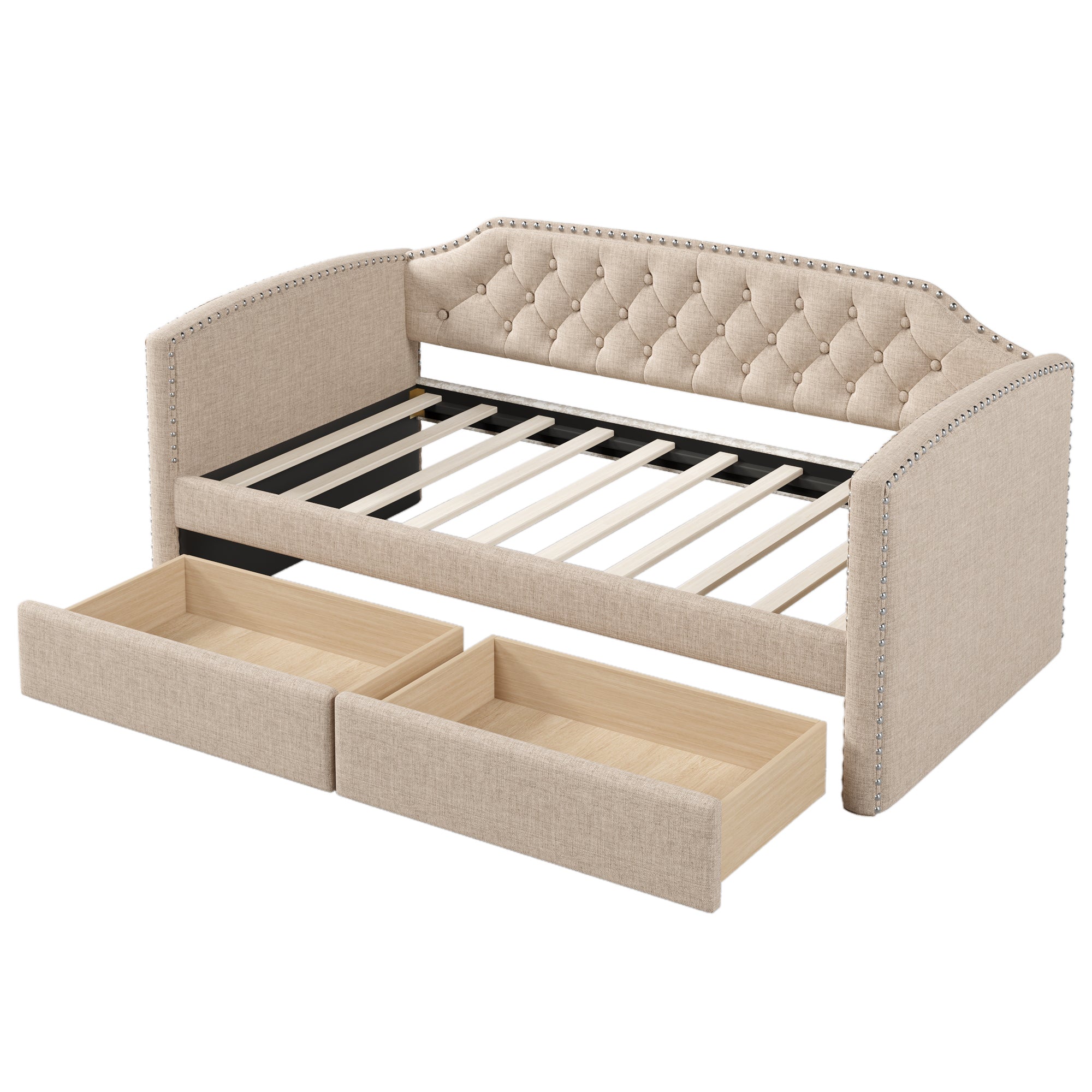 Twin Size Upholstered Daybed with Drawers for Guest Room, Small Bedroom, Study Room, Beige - Atlantic Fine Furniture Melbourne FL