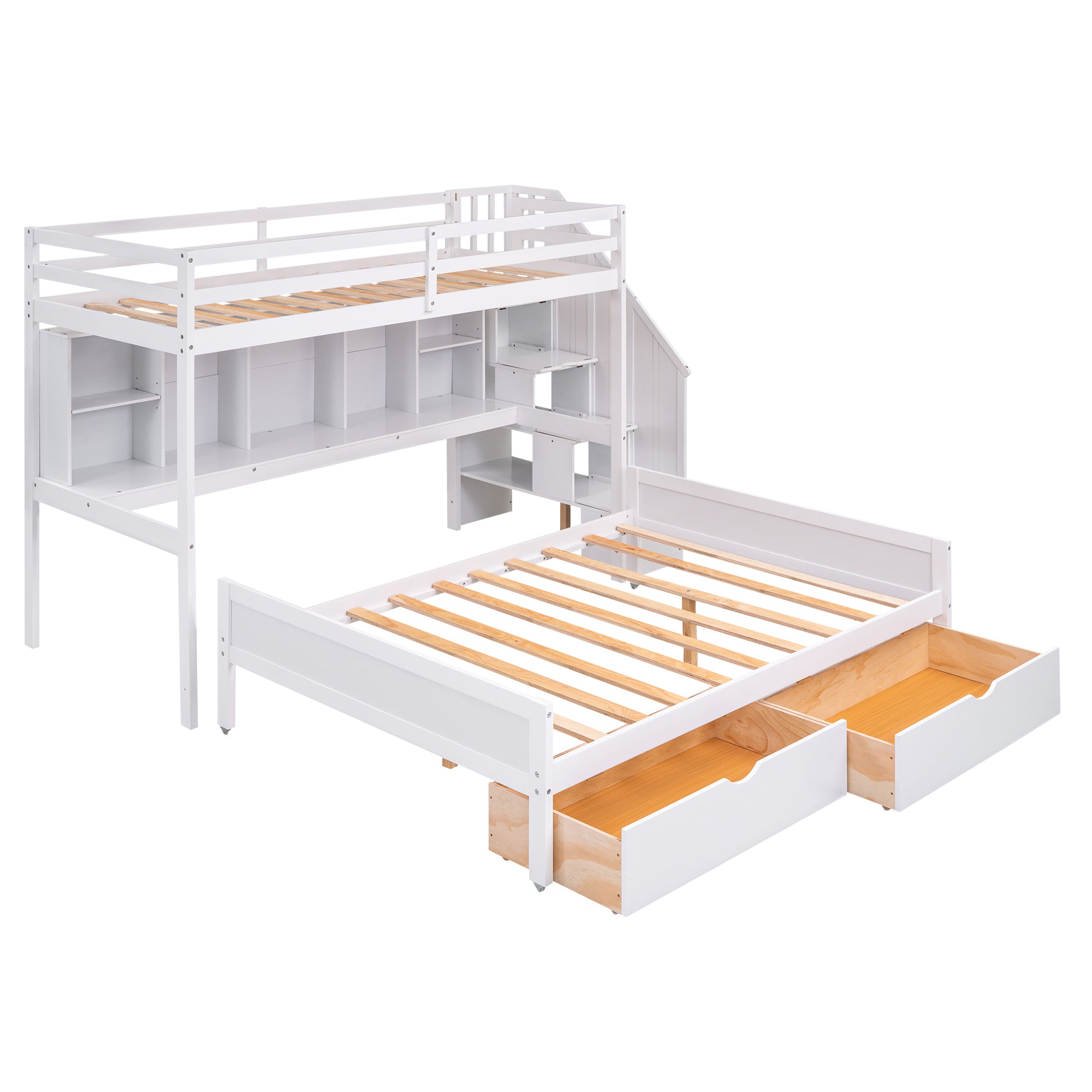 Twin XL over Full Bunk Bed with Built-in Storage Shelves, Drawers and Staircase,White - Atlantic Fine Furniture Melbourne FL