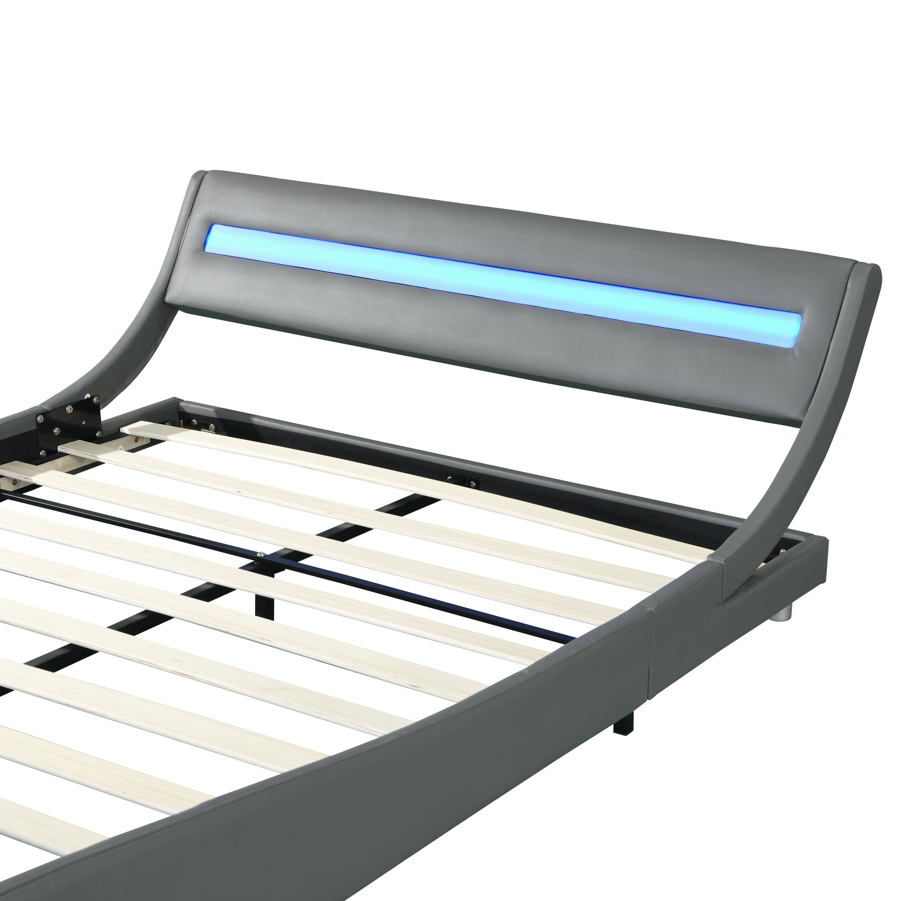 Faux Leather Upholstered Platform Bed Frame with led lighting , Curve Design, Wood Slat Support, No Box Spring Needed, Easy Assemble, Queen Size, Gray - Atlantic Fine Furniture Melbourne FL