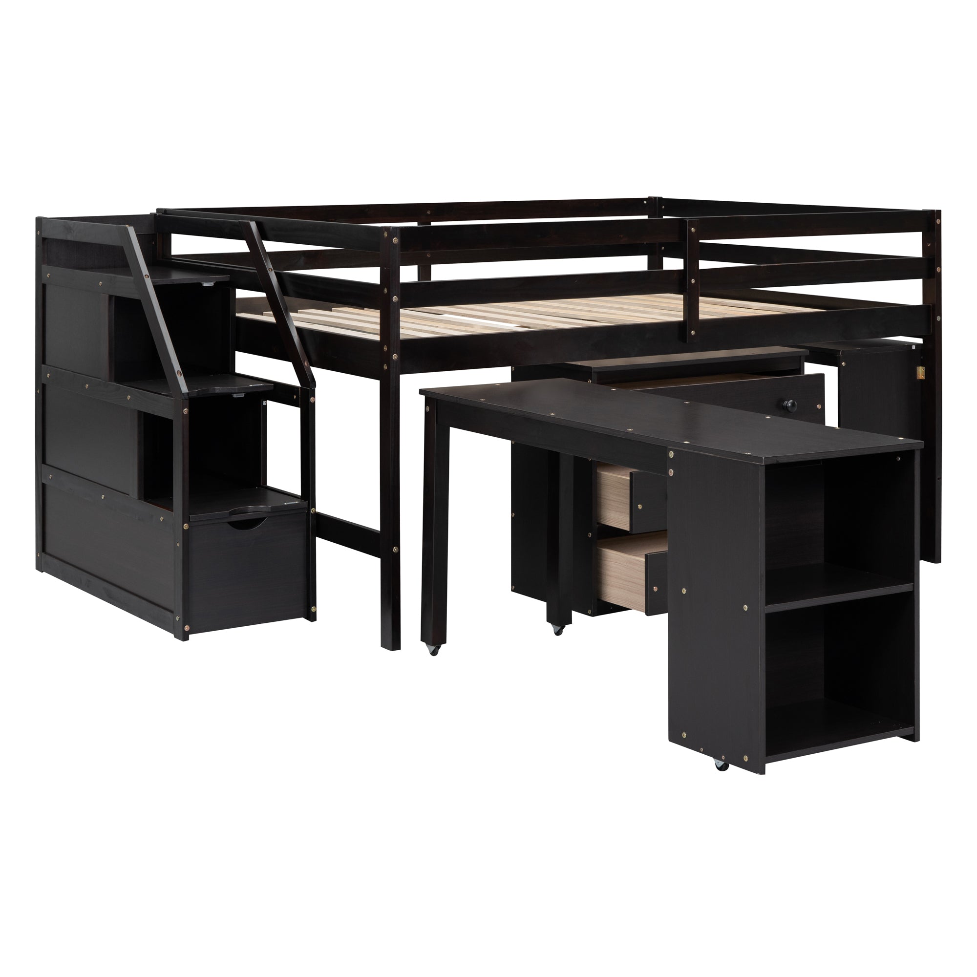 Full Size Loft Bed with Retractable Writing Desk and 3 Drawers, Wooden Loft Bed with Storage Stairs and Shelves, Espresso - Atlantic Fine Furniture Melbourne FL