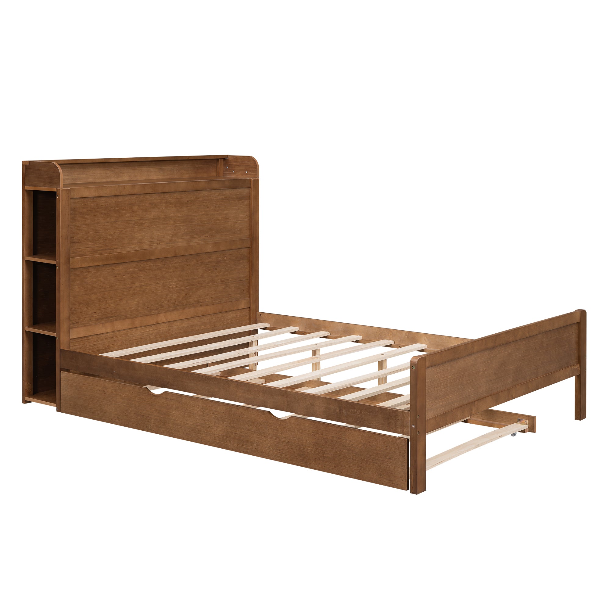 Full Size Platform Bed with Storage Headboard and Twin Size Trundle, Walnut - Atlantic Fine Furniture Melbourne FL