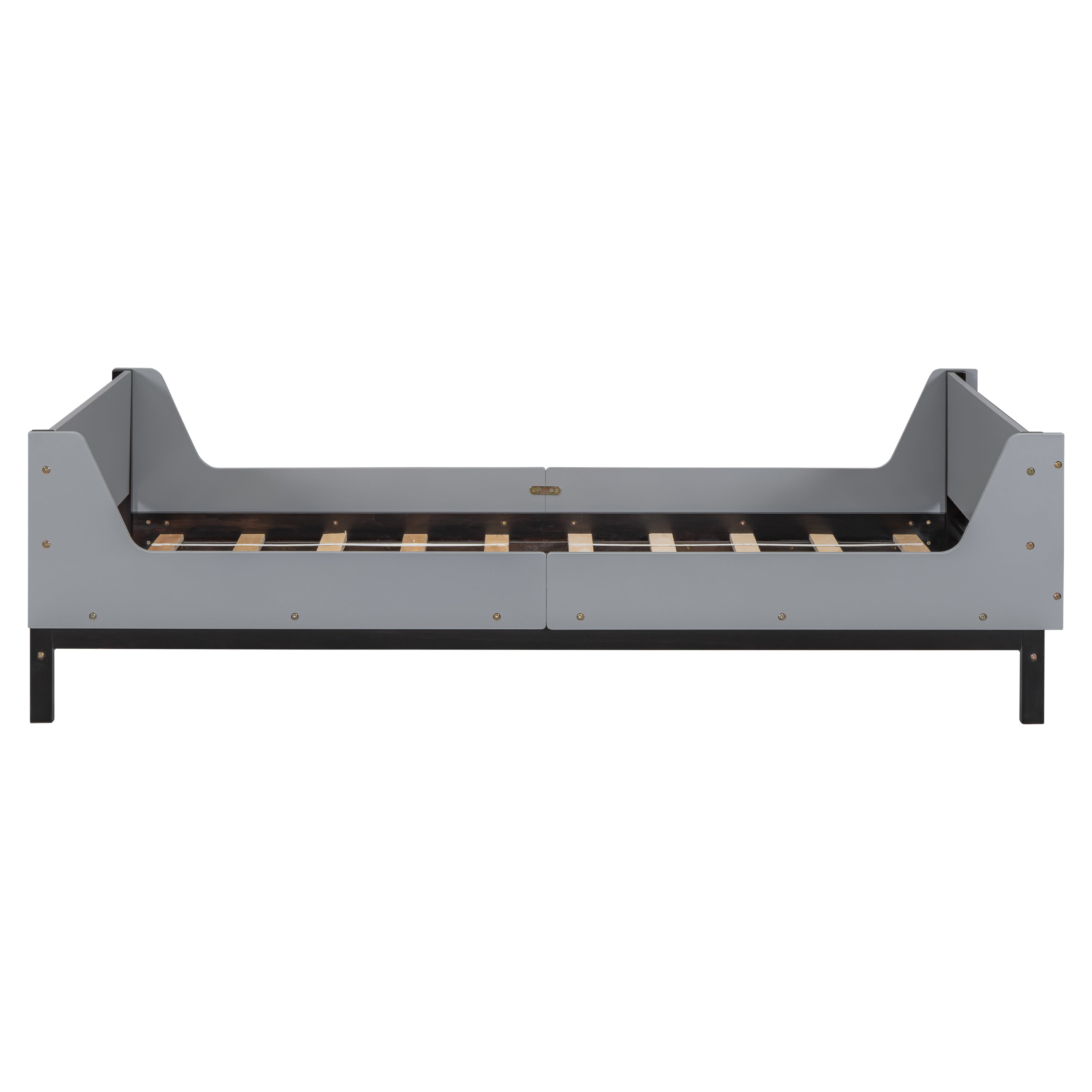 Twin Bed with Headboard, Footboard, Safeguards, Built-in Bed-end Book Storage Rack ,Grey