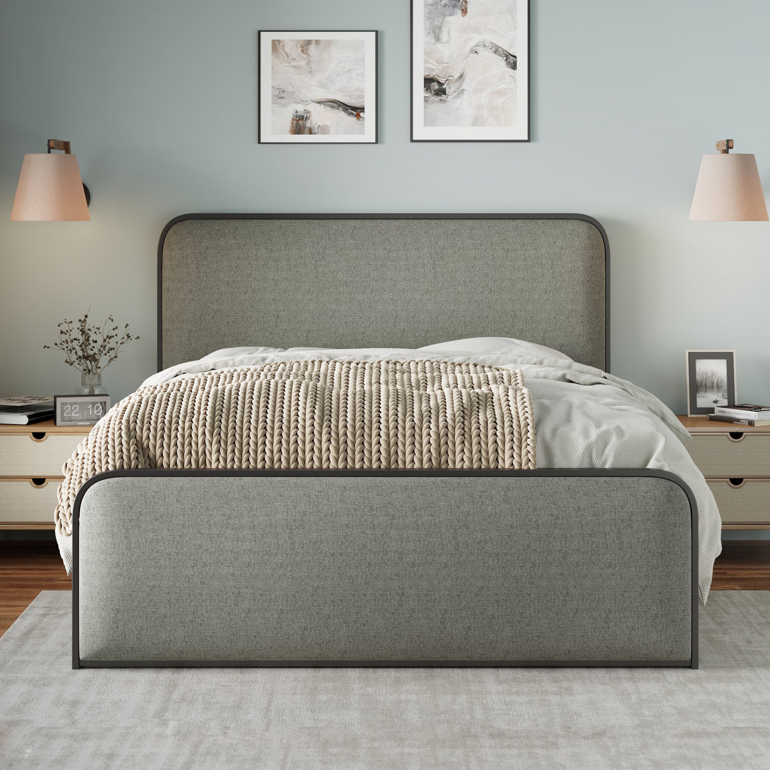 Modern Metal Bed Frame with Curved Upholstered Headboard and Footboard Bed with Under Bed Storage, Heavy Duty Metal Slats, Queen Size, Grey - Atlantic Fine Furniture Melbourne FL