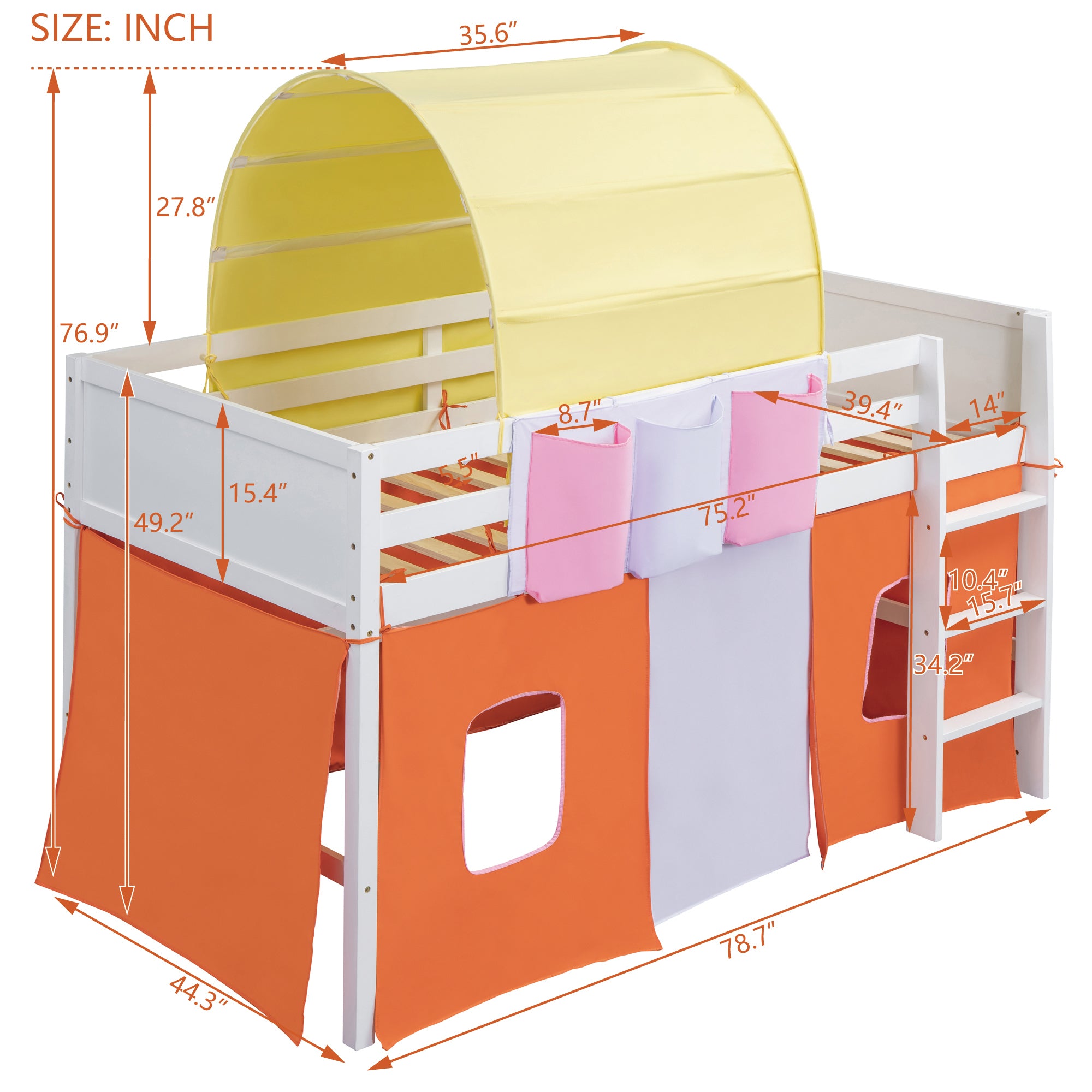 Twin Size Loft Bed with Tent and Tower and Three Pockets- Orange - Atlantic Fine Furniture Melbourne FL