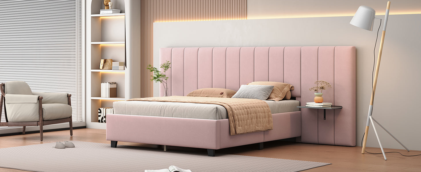 Queen Size Upholstered Platform Bed with Big Headboard, Bedroom Furniture, Velvet, Pink - Atlantic Fine Furniture Melbourne FL