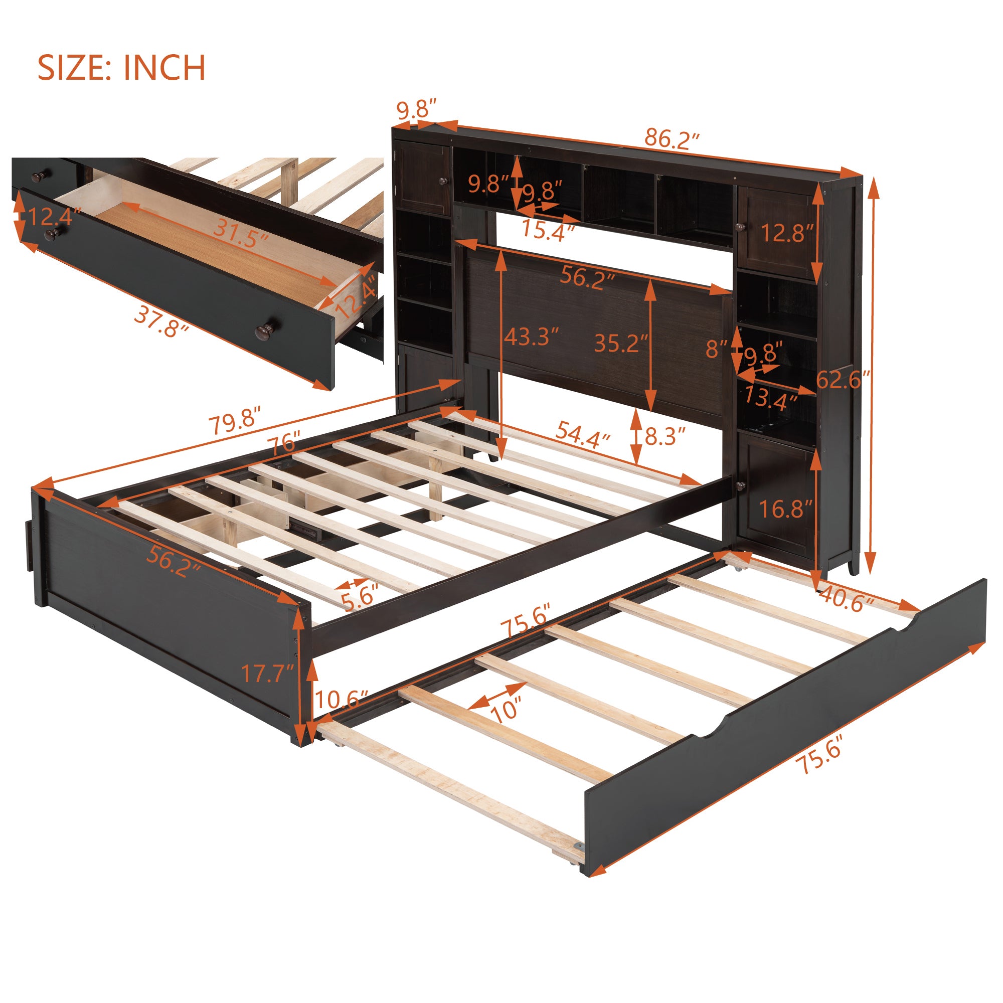 Full Size Wooden Bed With All-in-One Cabinet, Shelf and Sockets, Espresso - Atlantic Fine Furniture Melbourne FL