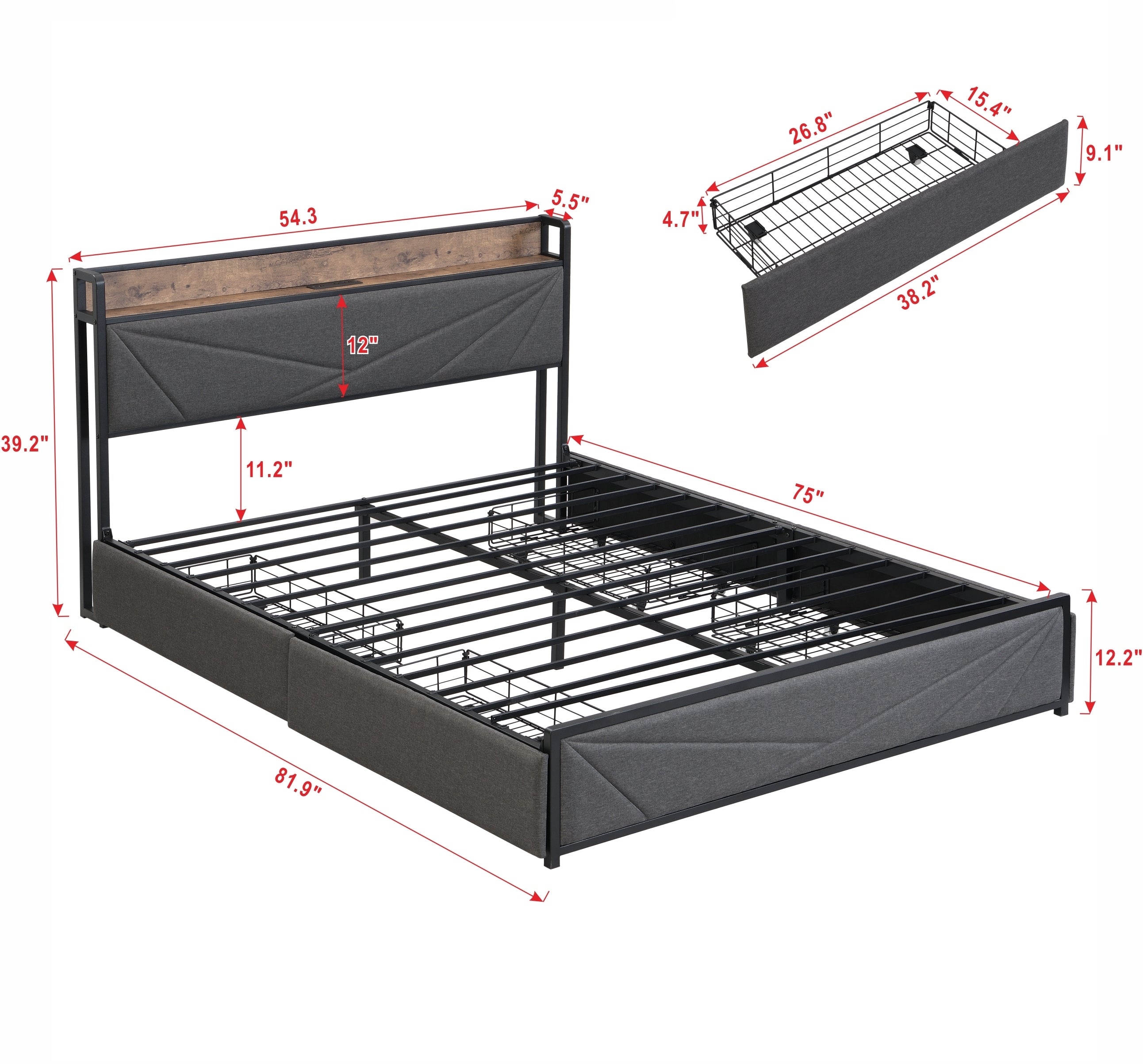 Full Bed Frame, Storage Headboard with Charging Station, Solid and Stable, Noise Free, No Box Spring Needed, Easy Assembly