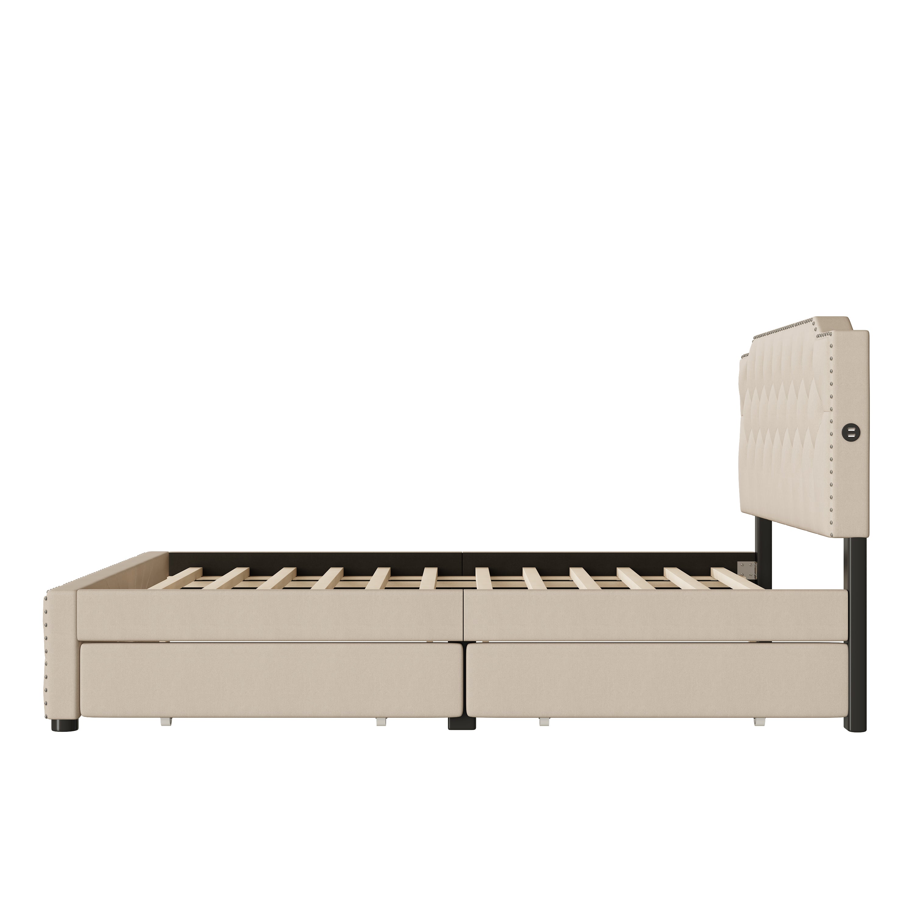 Queen Size Upholstered Platform Bed with 2 Drawers and 2 sets of USB Ports on each side, Linen Fabric, Beige - Atlantic Fine Furniture Melbourne FL
