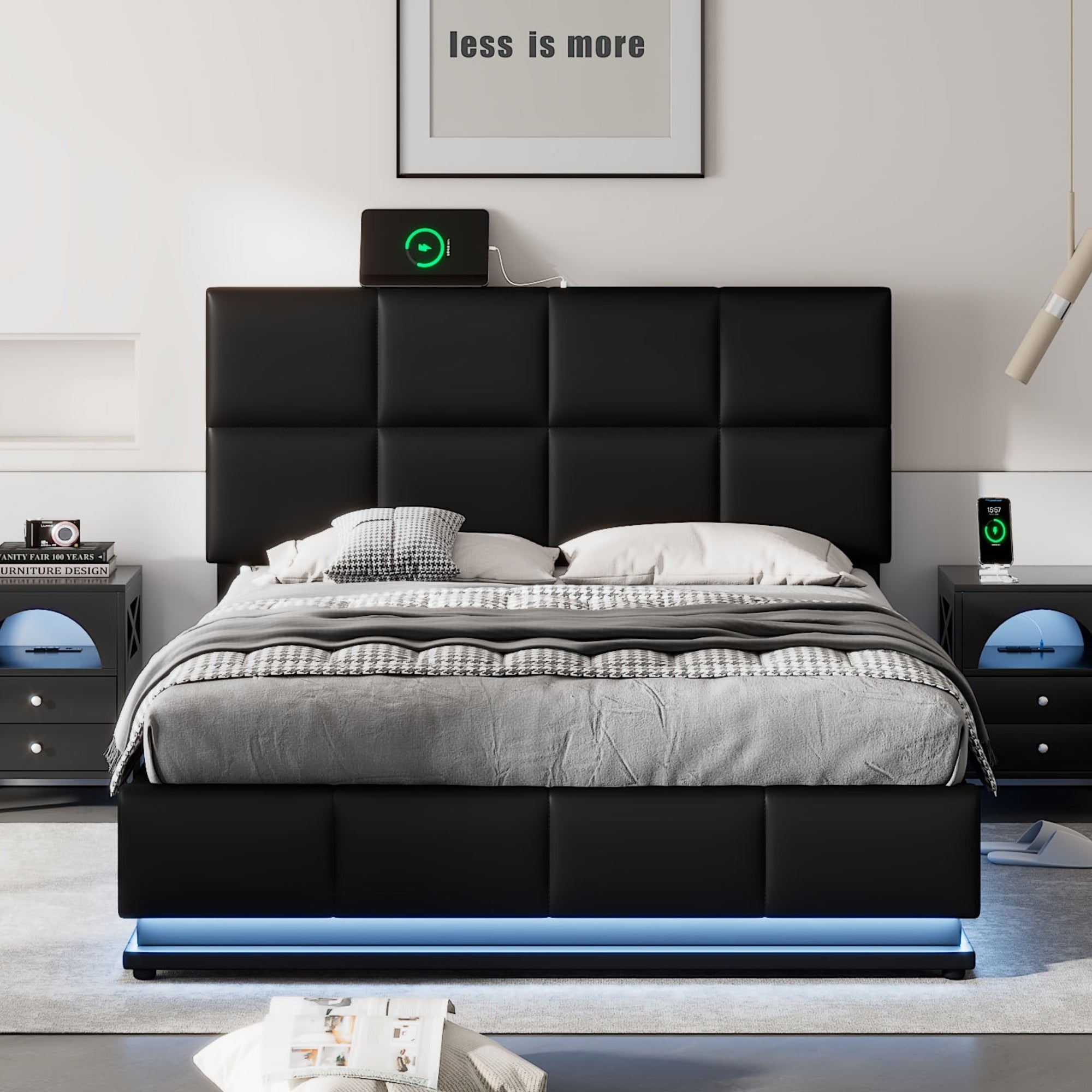 Full Size Tufted Upholstered Platform Bed with Hydraulic Storage System,PU Storage Bed with LED Lights and USB charger, Black - Atlantic Fine Furniture Melbourne FL