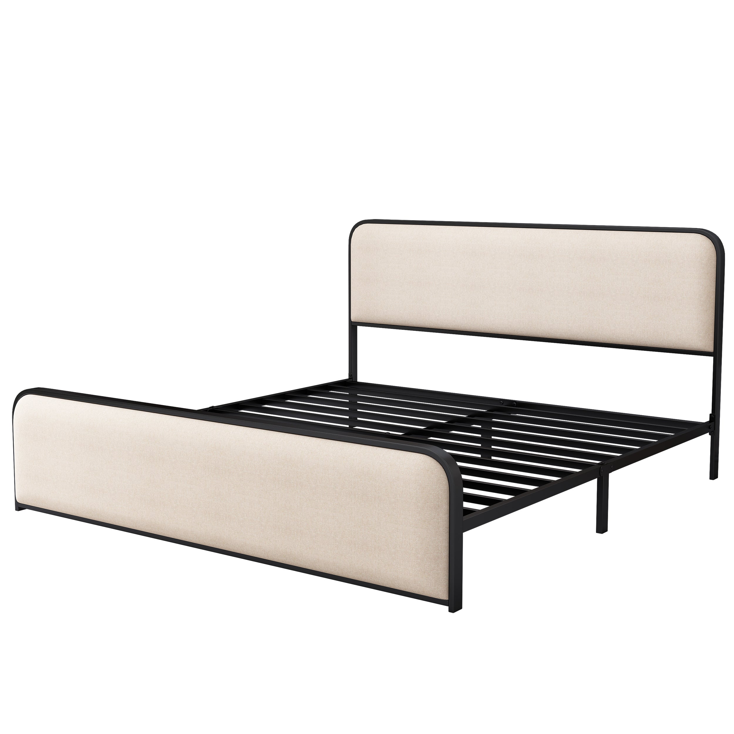 Modern Metal Bed Frame with Curved Upholstered Headboard and Footboard Bed with Under Bed Storage, Heavy Duty Metal Slats, King Size, Beige