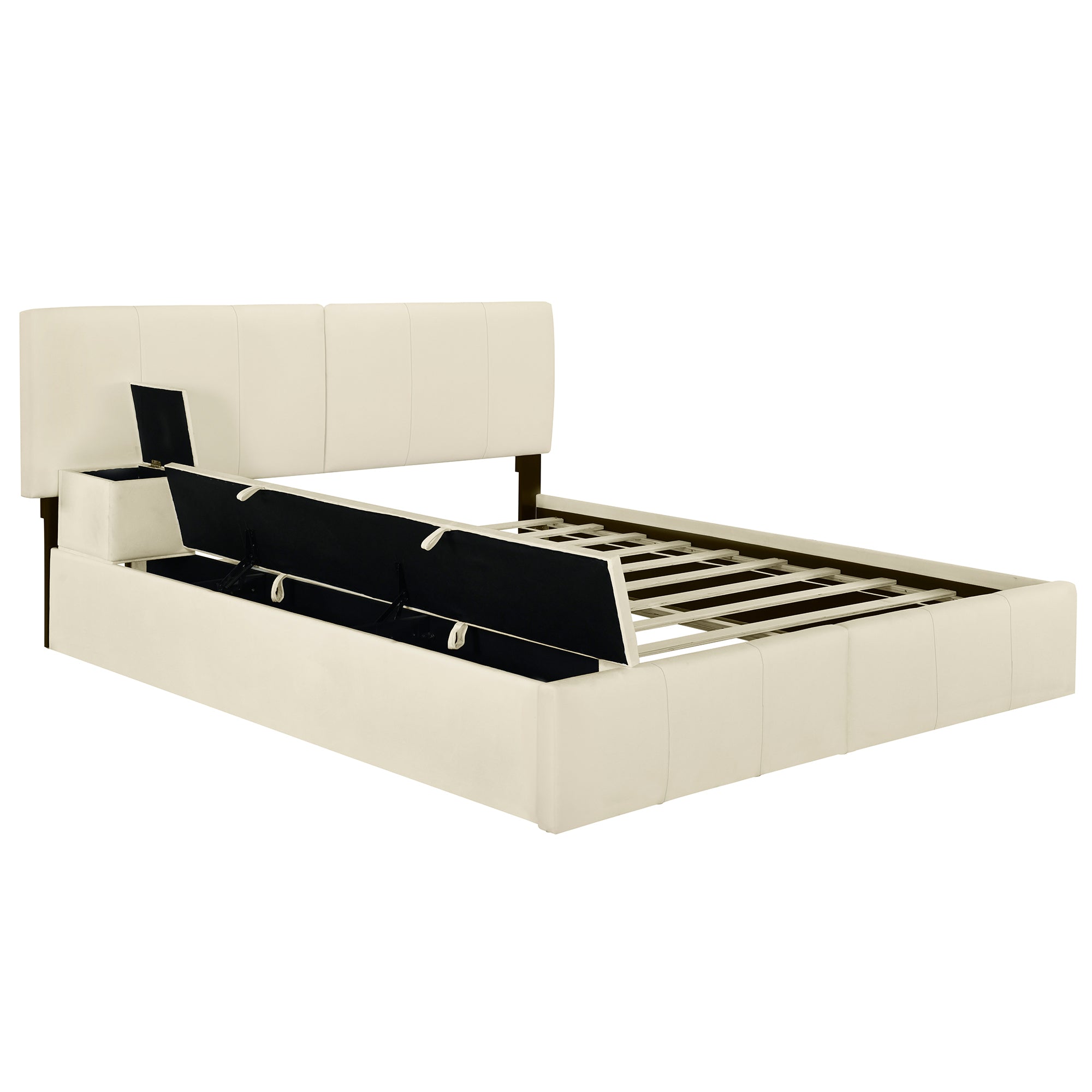 Queen Size Upholstered Platform Bed with Lateral Storage Compartments and Thick Fabric, Velvet, Beige - Atlantic Fine Furniture Melbourne FL