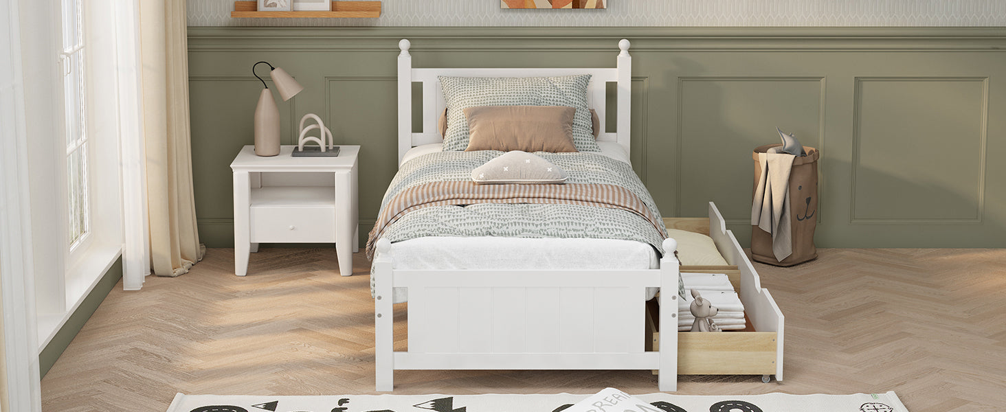 Twin Size Solid Wood Platform Bed Frame with 2 drawers for Limited Space Kids, Teens, Adults, No Need Box Spring, White - Atlantic Fine Furniture Melbourne FL
