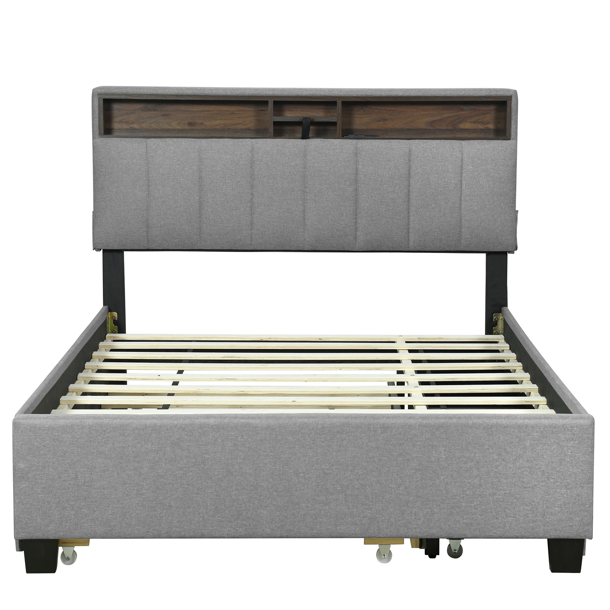 Full size Upholstered Platform Bed with Storage Headboard, Twin Size Trundle & 2 drawers and a set of Sockets & USB Ports, Linen Fabric, Gray - Atlantic Fine Furniture Melbourne FL