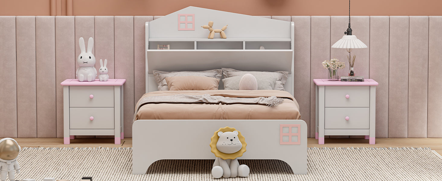 Wooden Twin Size House Bed with Storage Headboard ,Kids Bed with Storage Shelf, White - Atlantic Fine Furniture Melbourne FL