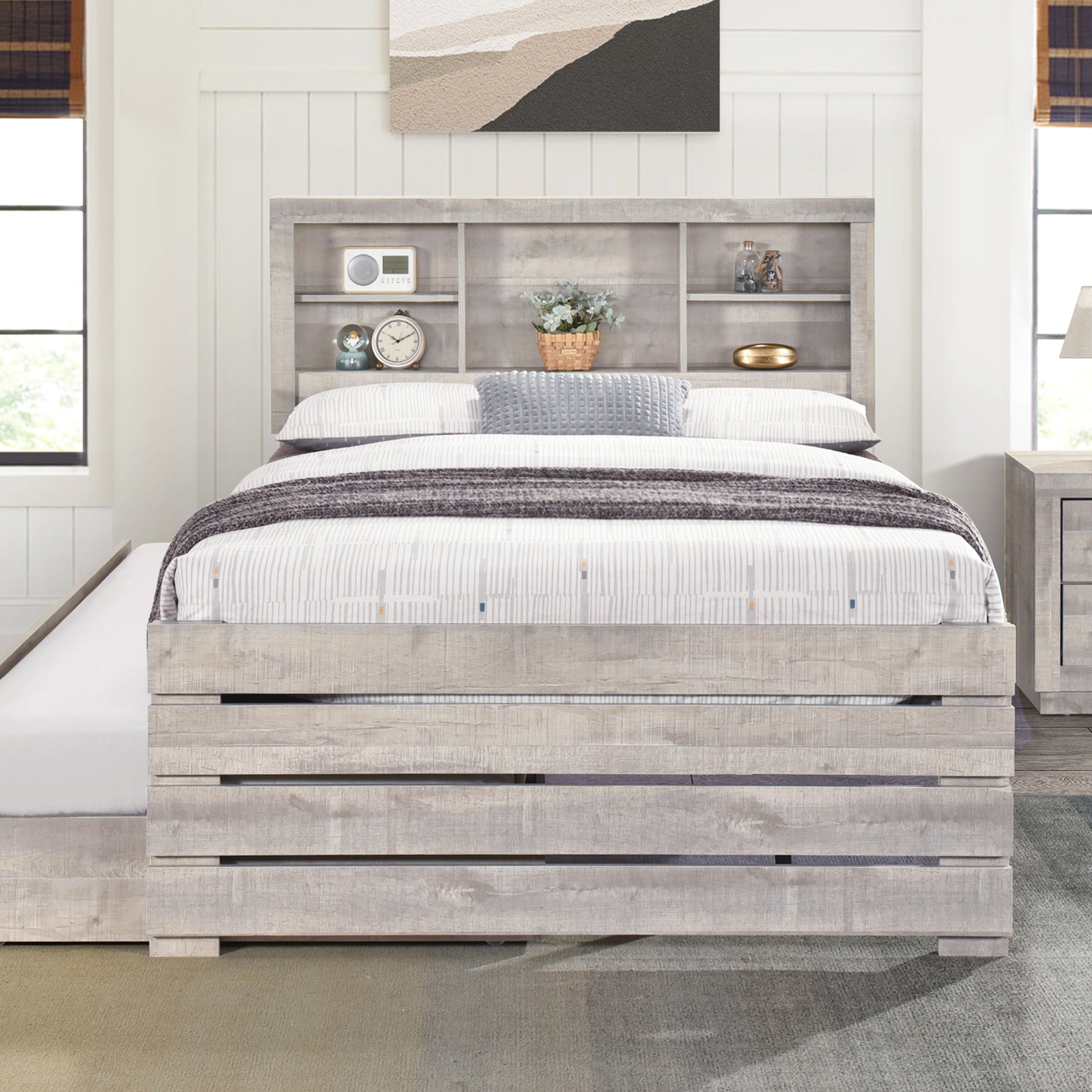 Farmhouse Style Twin Size Bookcase Captain Bed with Three Drawers and Trundle, Rustic White - Atlantic Fine Furniture Melbourne FL