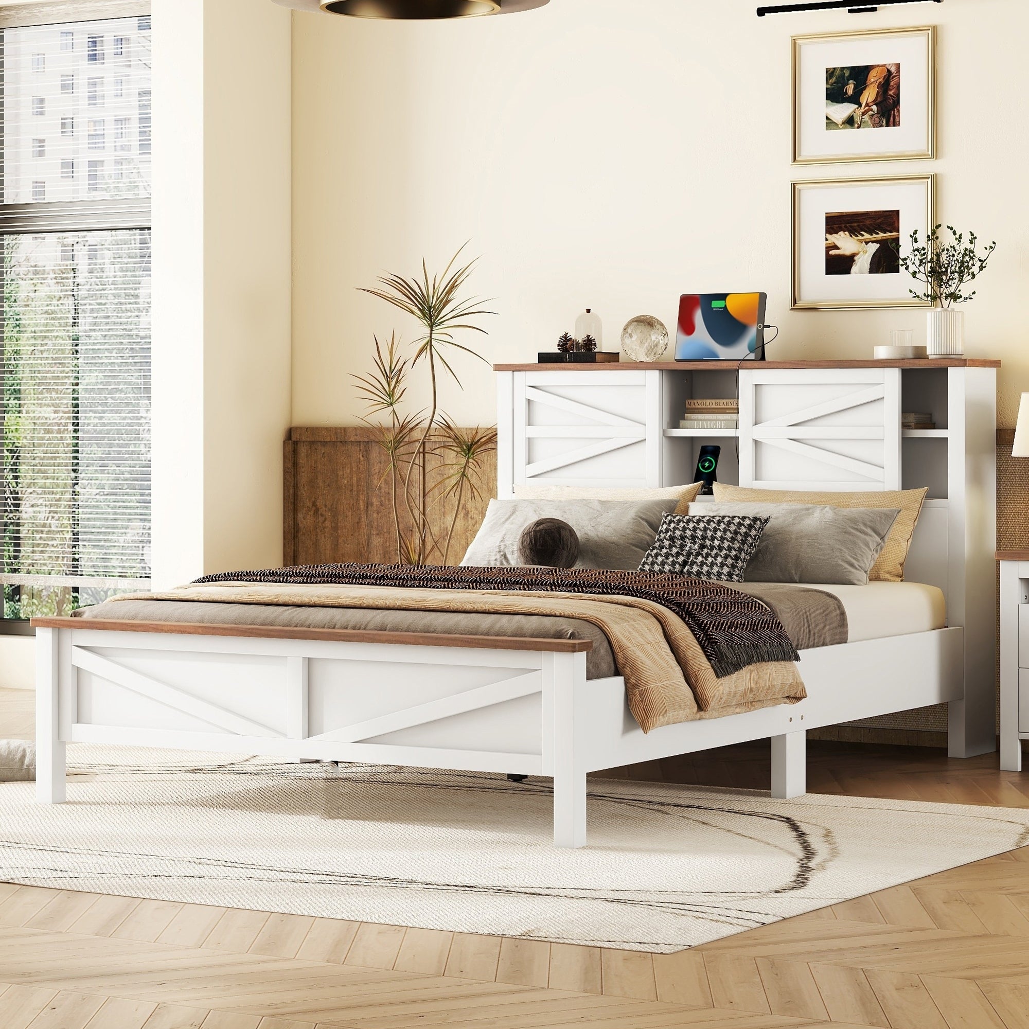 Farmhouse Platform Bed with Double Sliding Barn Door, Queen Size Rustic Wood Bed with
Charging Station, Wood Slats Support, White+Brown