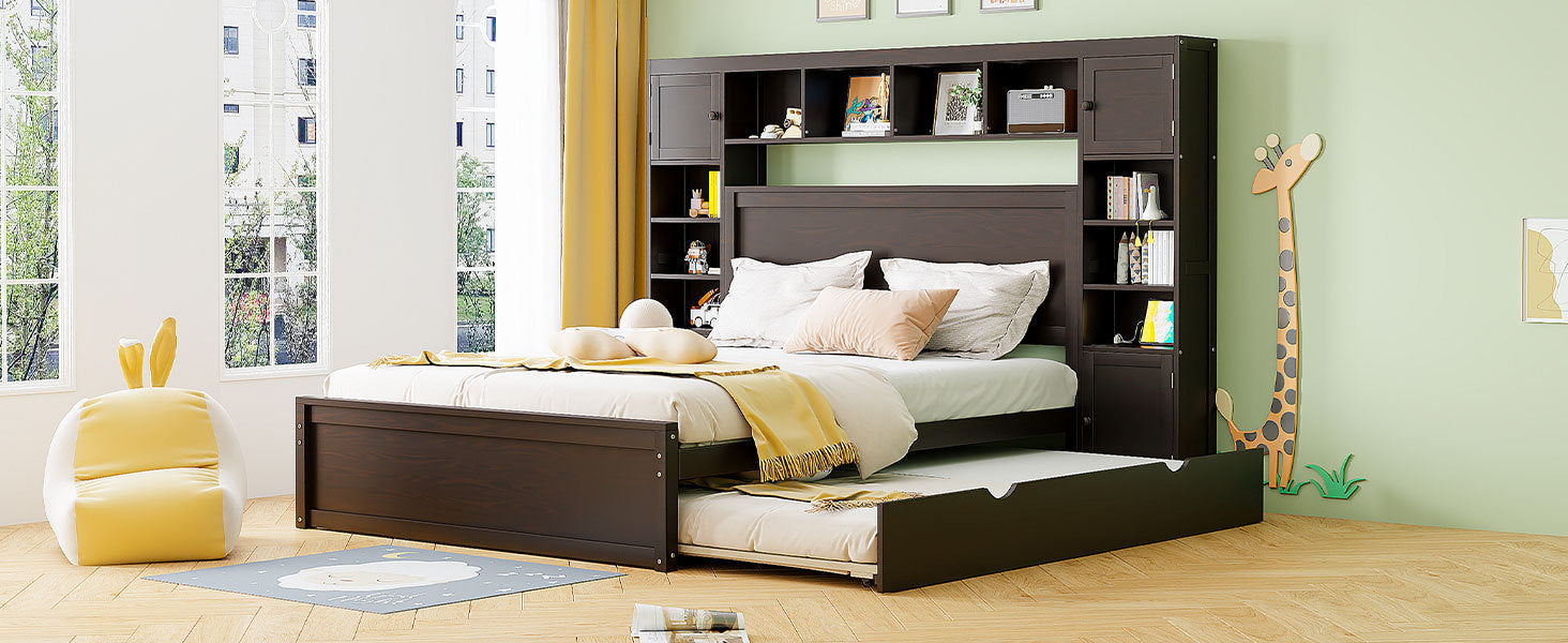 Queen Size Wooden Bed With All-in-One Cabinet, Shelf and Sockets, Espresso - Atlantic Fine Furniture Melbourne FL
