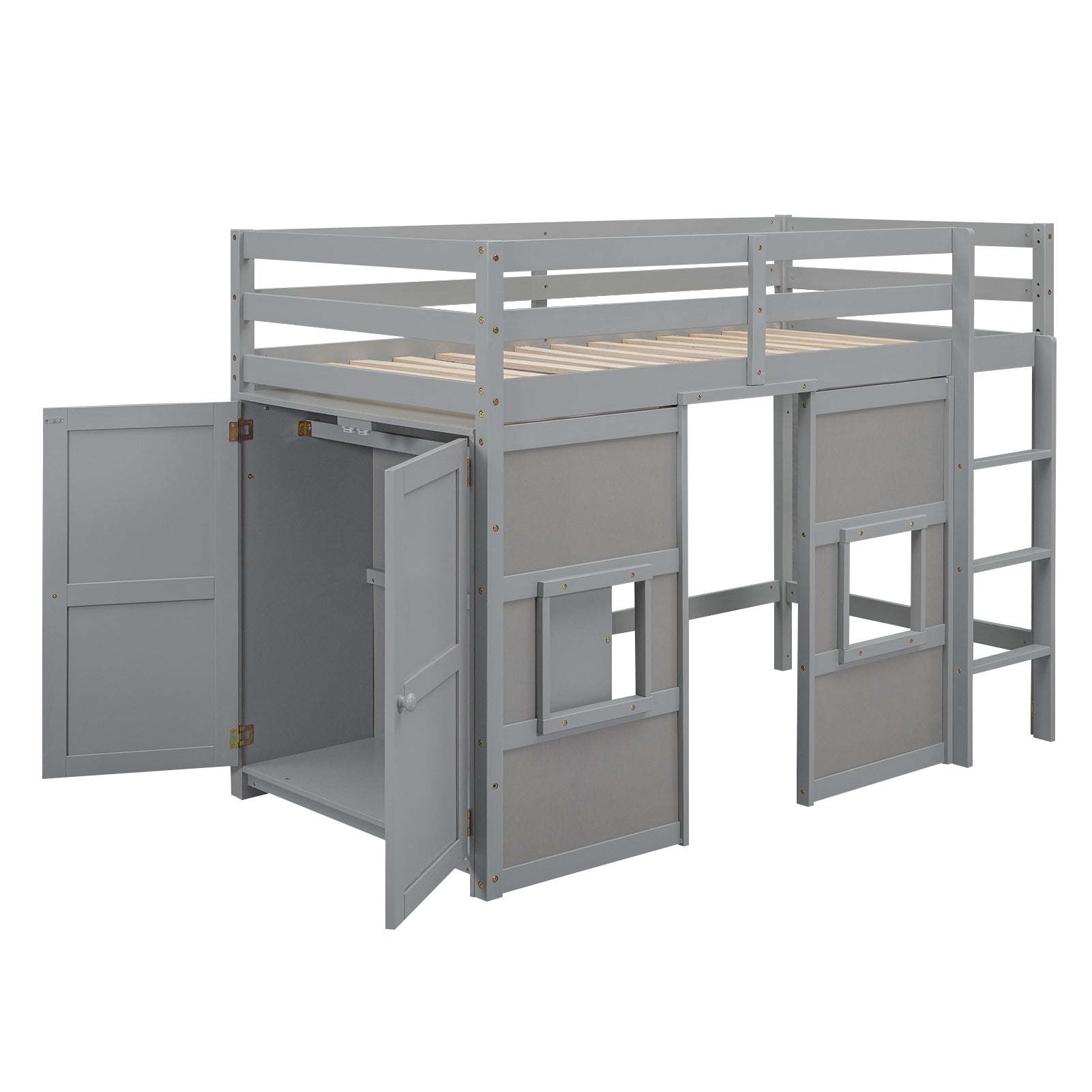 Wood Twin Size Loft Bed with Built-in Storage Wardrobe and 2 Windows, Gray - Atlantic Fine Furniture Melbourne FL