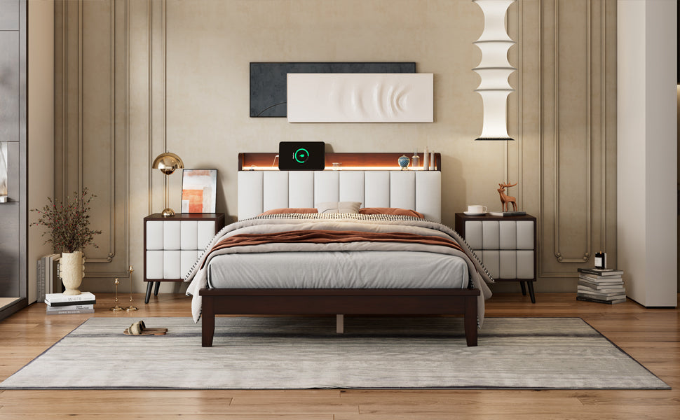 Full size Platform Bed with USB Charging Station and Storage Upholstered Headboard,LED Bed Frame,No Box Spring Needed,Walnut+Beige - Atlantic Fine Furniture Melbourne FL