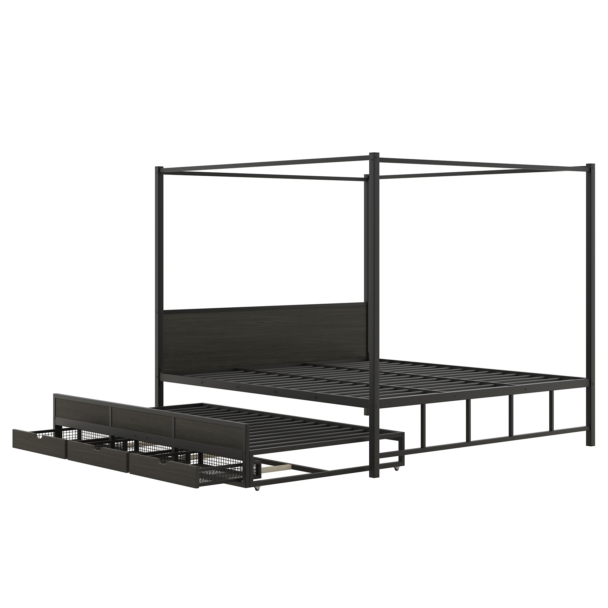Queen Size Metal Canopy Platform Bed with Twin Size Trundle and 3 Storage Drawers, Black - Atlantic Fine Furniture Melbourne FL