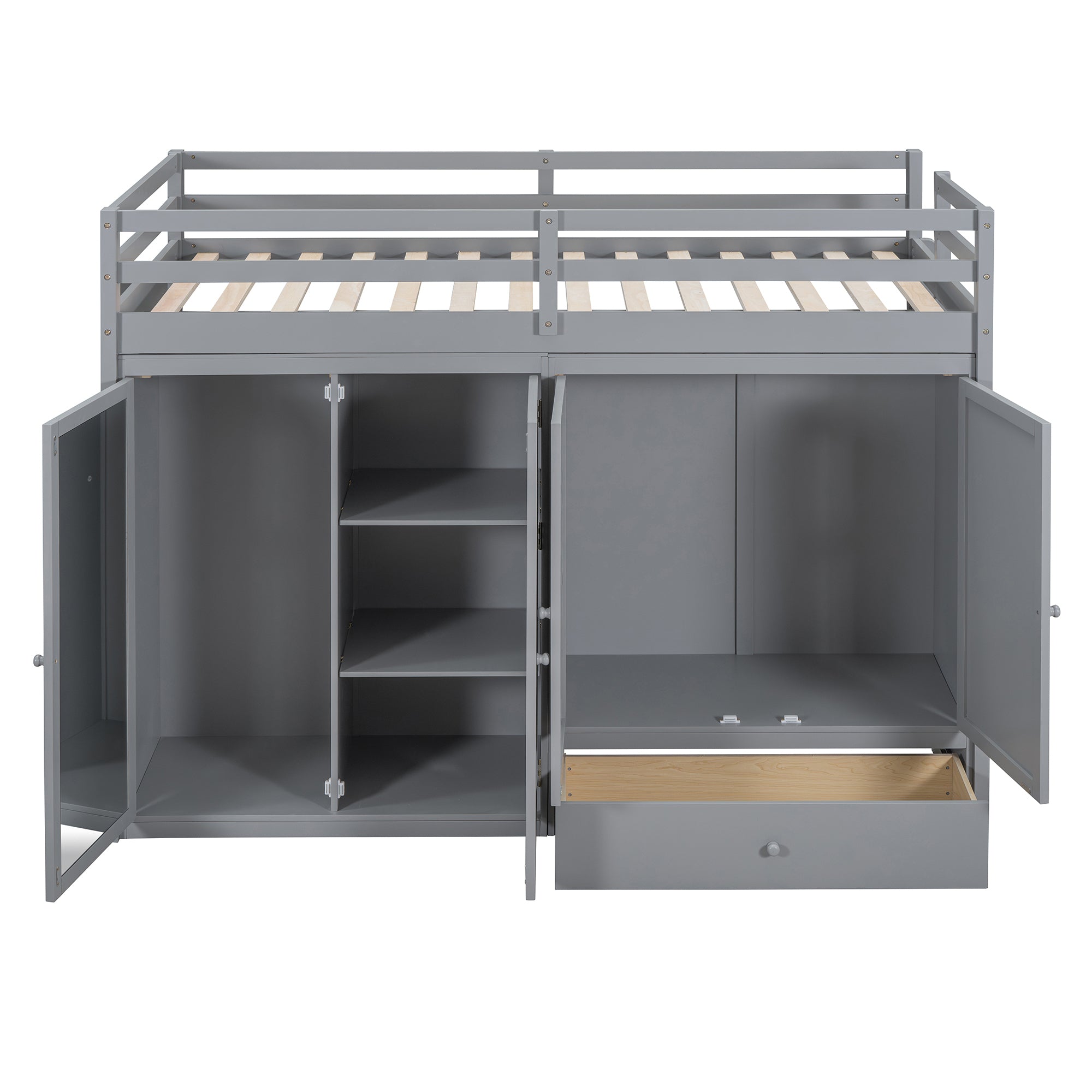 Twin size Loft Bed with Drawer, Two Wardrobes and Mirror, Gray - Atlantic Fine Furniture Melbourne FL