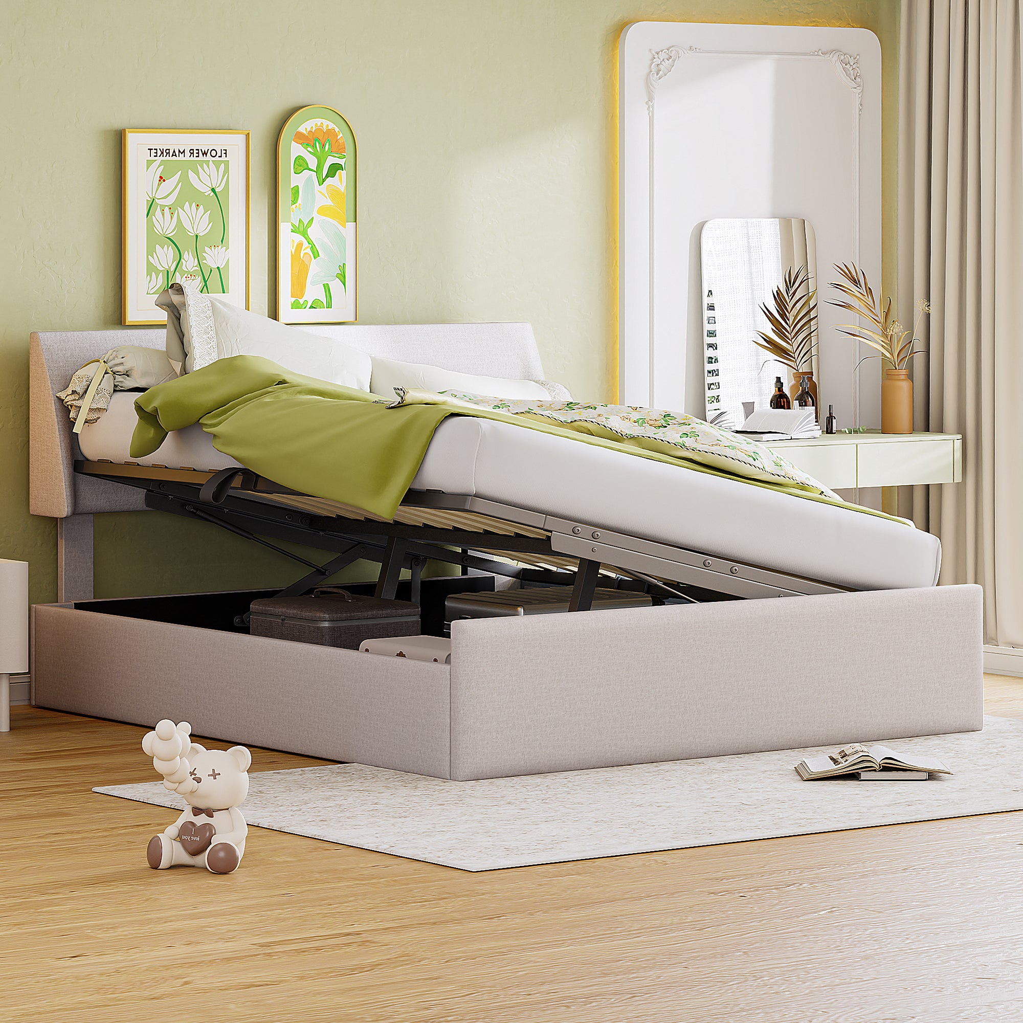Full Size Sleigh Bed with Side-Tilt Hydraulic Storage System, Linen Upholstery, Beige - Atlantic Fine Furniture Melbourne FL